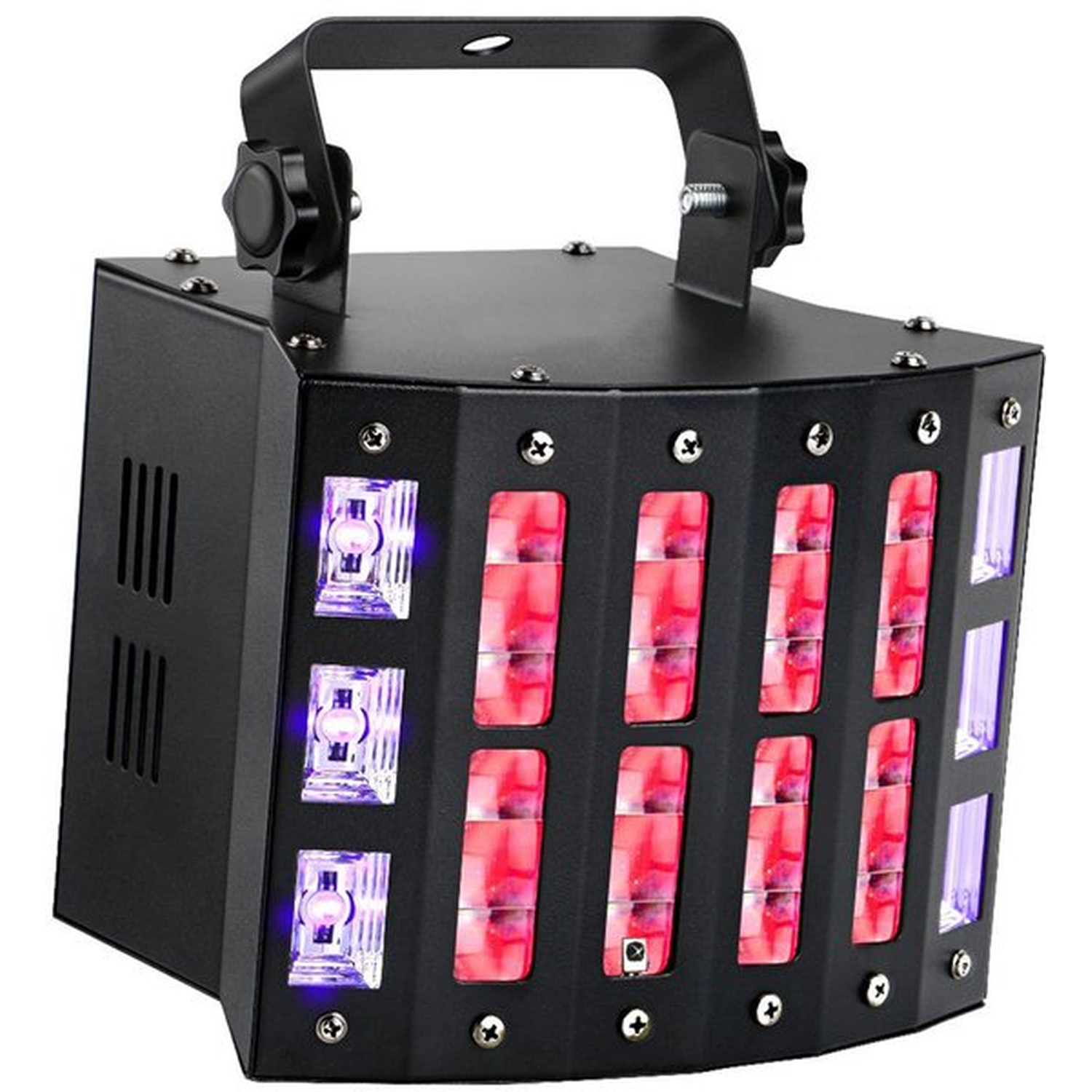 Een zwarte discotheeklamp met rode en paarse lichten. Het heeft een handvat en verschillende rechthoekige lichtpanelen.