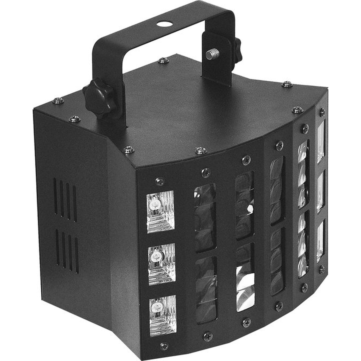 Zwarte podiumlamp met handvat. Het heeft een rechthoekige behuizing met een gebogen voorkant, meerdere lenssecties en ventilatiesleuven.