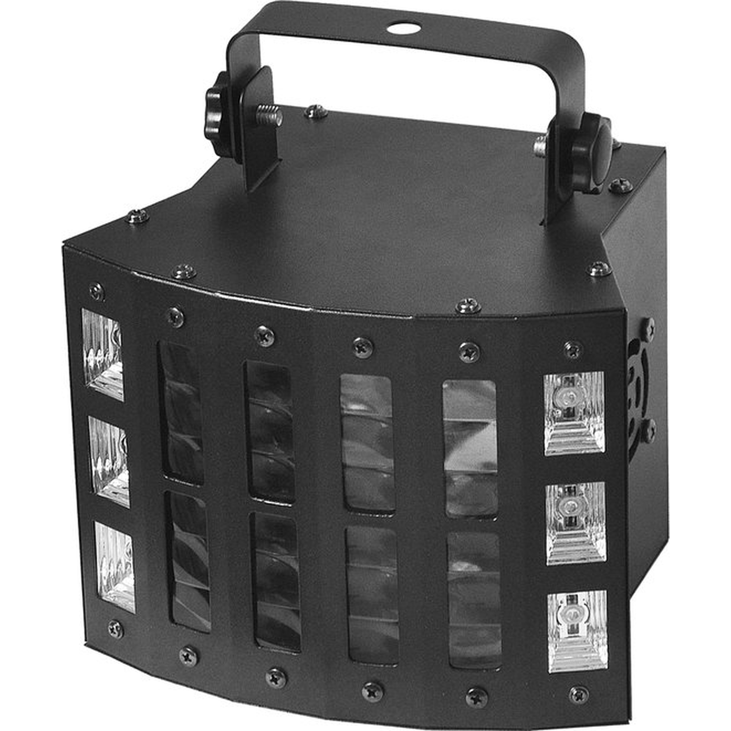 Een zwarte podiumlamp met een handvat. Het heeft meerdere vierkante lichtbronnen aan de voor- en zijkanten en is gemaakt van metaal.