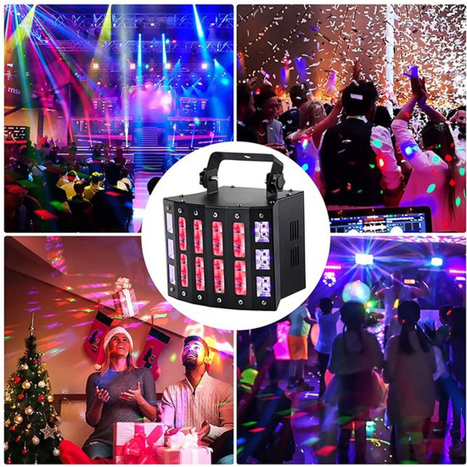 Een collage van feestscènes. Bevat dansende mensen, lichtshows, een kerstscène en een discolicht in het midden.