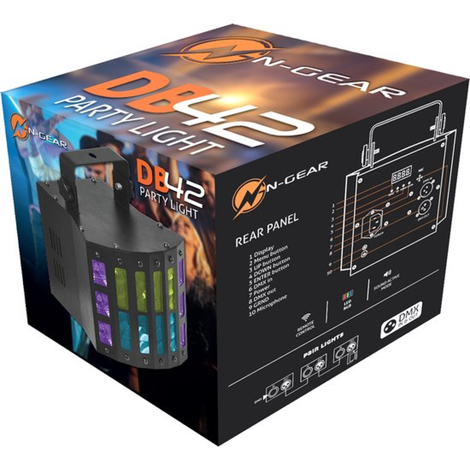 Een feestlichtbox toont het product. Het heeft kleurrijke lichten en een achterpaneel met knoppen en ingangen.