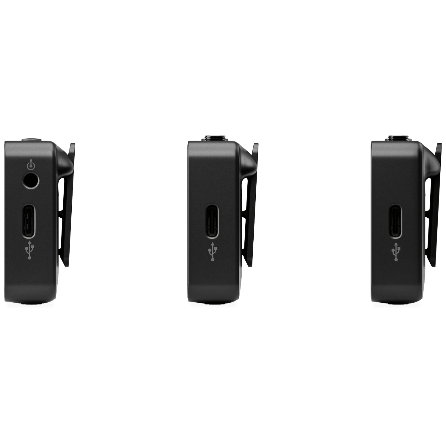 Three black rectangular devices with clips are displayed. Each has a USB port, and other small ports. They are on a white background.
