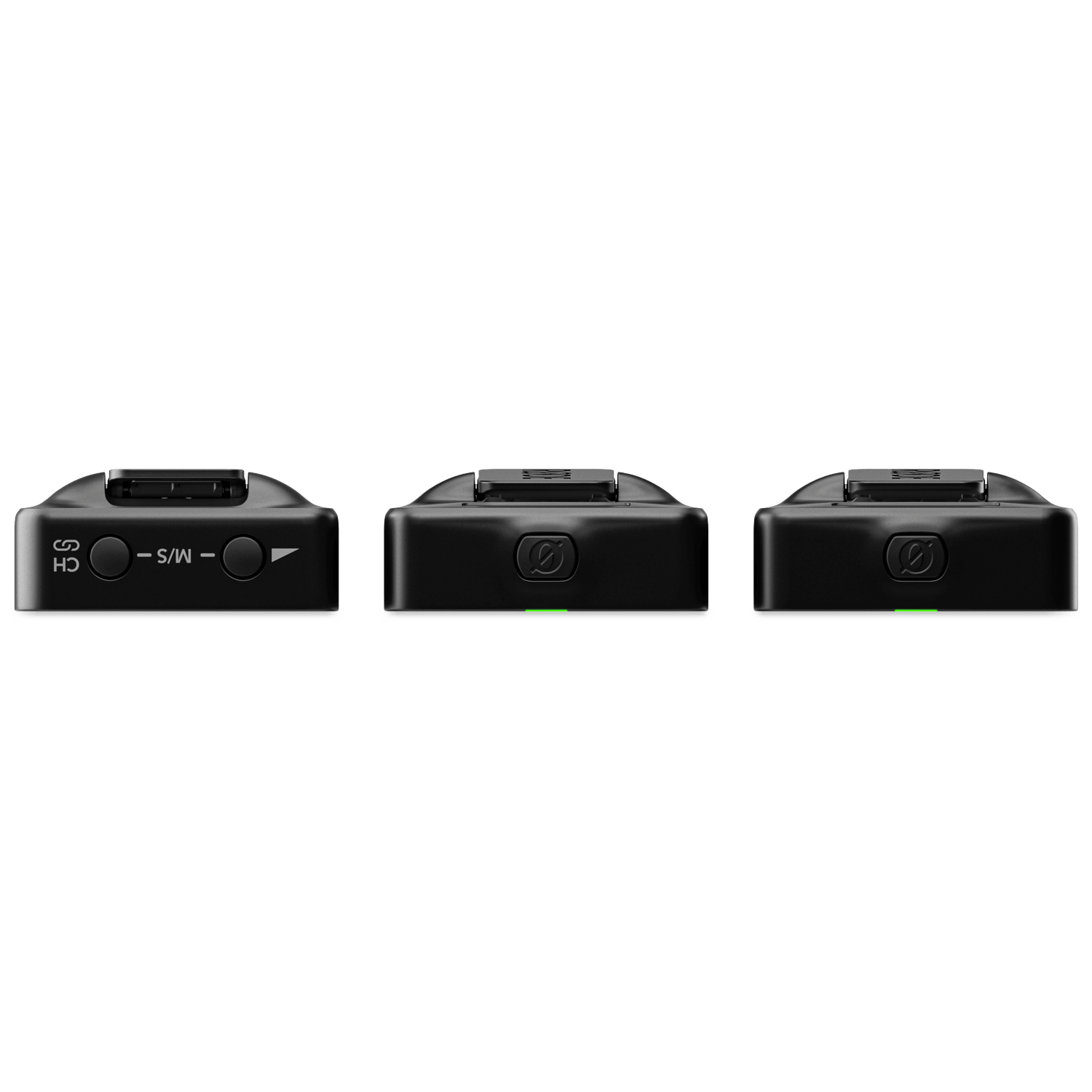 Three black audio devices are arranged horizontally. Each has a button and a green light. The left one has labels.