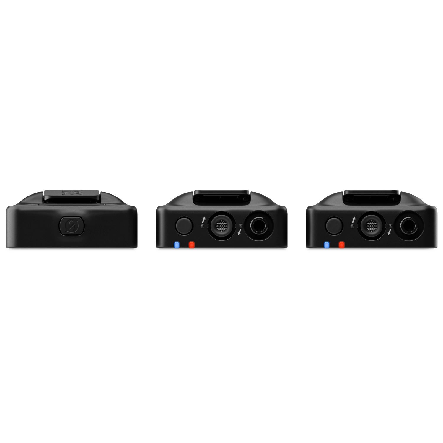 Three black devices on white background. Each has buttons, lights, and ports. One is side view, two are front views.