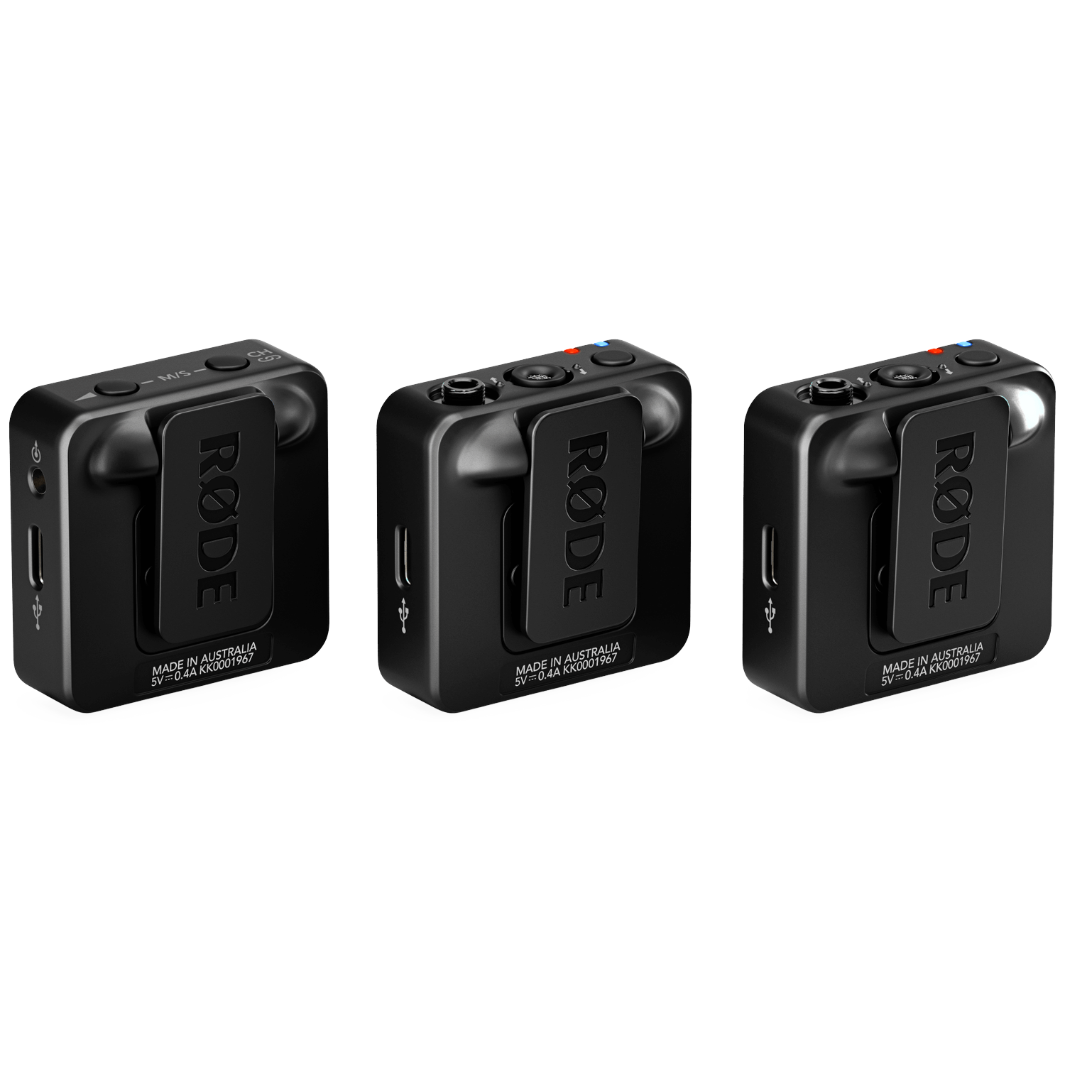 Three black Rode microphones are displayed against a white background. Each has a clip, buttons, and ports. The Rode logo is visible.