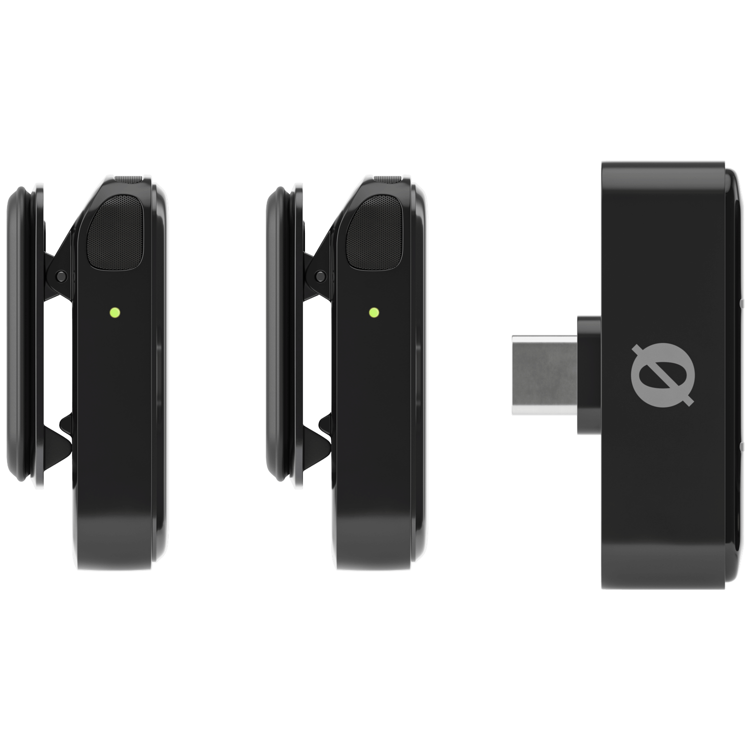 Three black wireless audio devices. Two have clips, one has a USB-C port and logo.