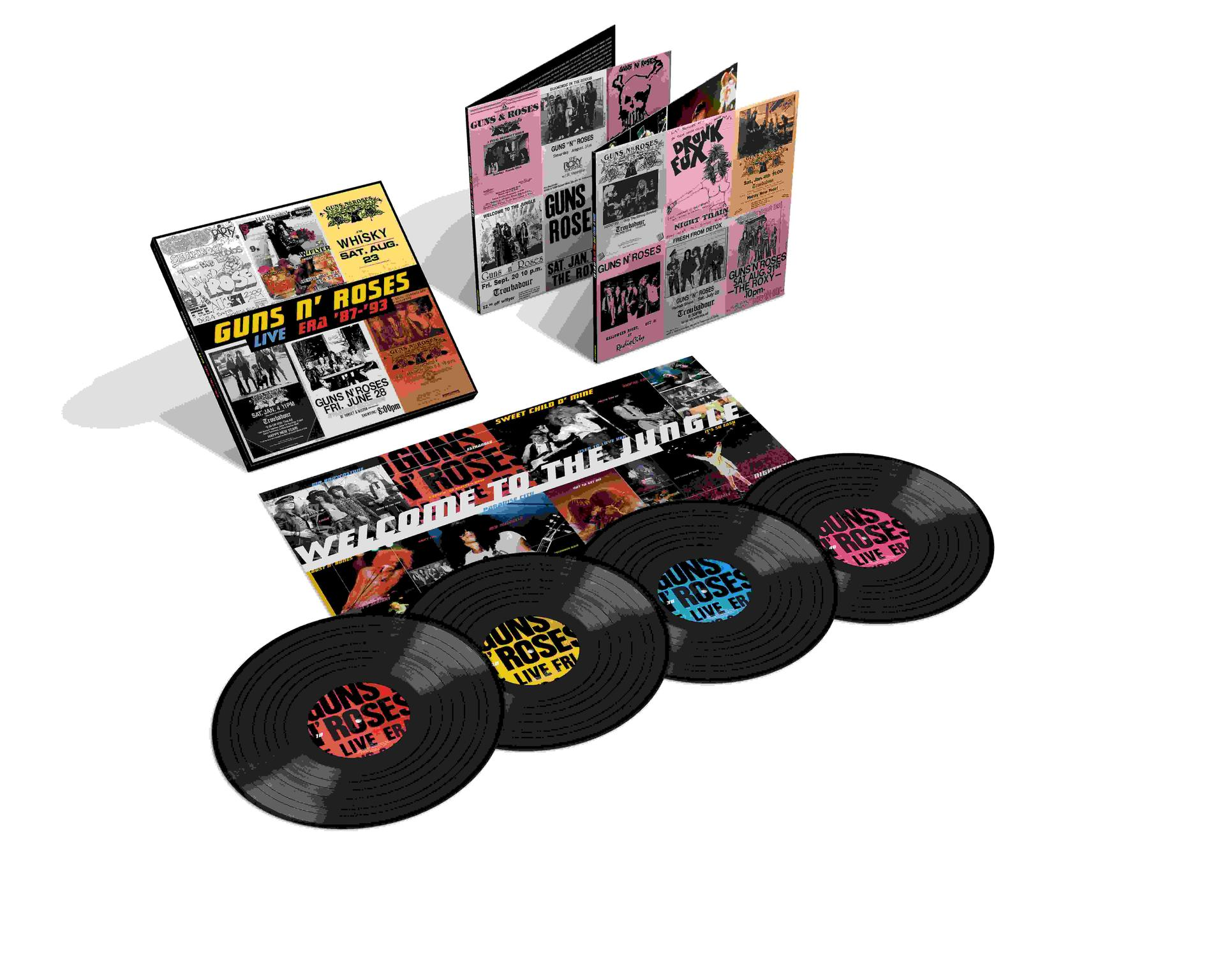 Guns N' Roses Album-Set mit Schallplatten und Konzertflyern, mit Bandlogos und Veranstaltungsdetails. Schwarze Platten.