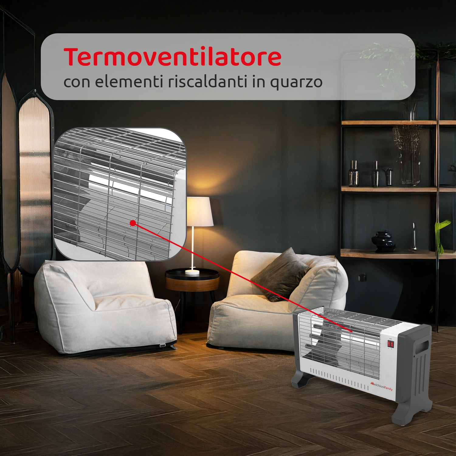 Un riscaldatore è in un soggiorno. Due poltrone bianche, una lampada e una mensola sono visibili. Il dettaglio del riscaldatore è ingrandito.