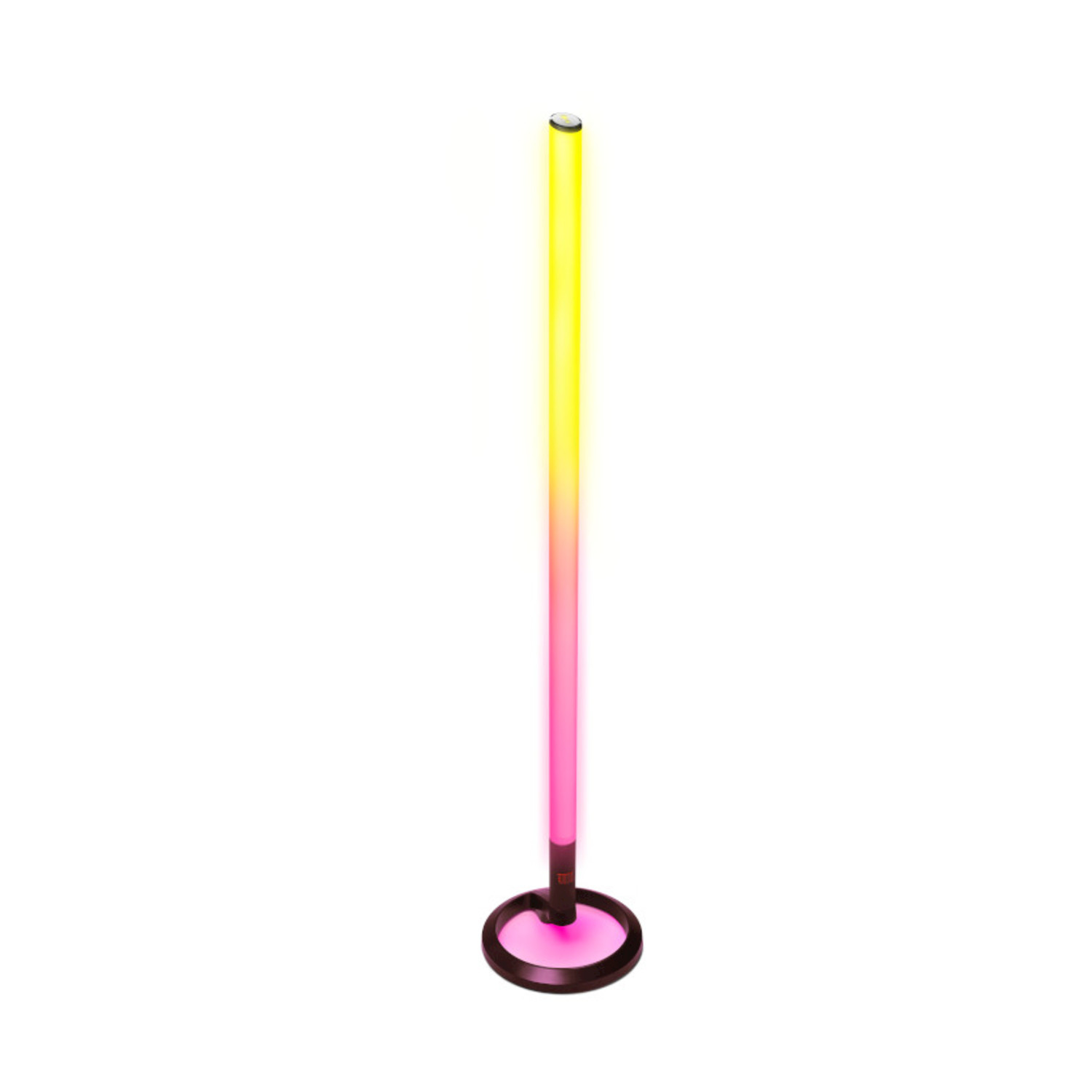 Una lampada alta e sottile con base circolare. La luce passa dal giallo al rosa. La base è scura e lo sfondo bianco.