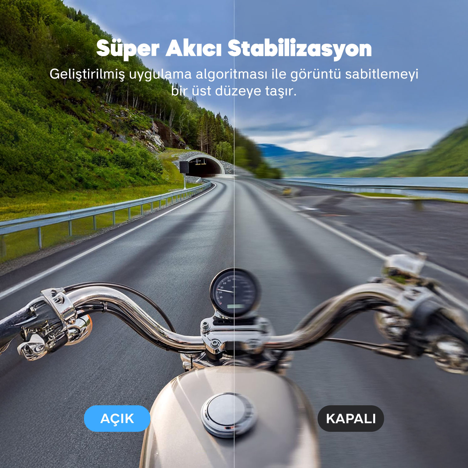 Motosiklet gidonu ve gösterge paneli. Yol bulanık, sol taraftaki net görünümle zıtlık oluşturuyor.