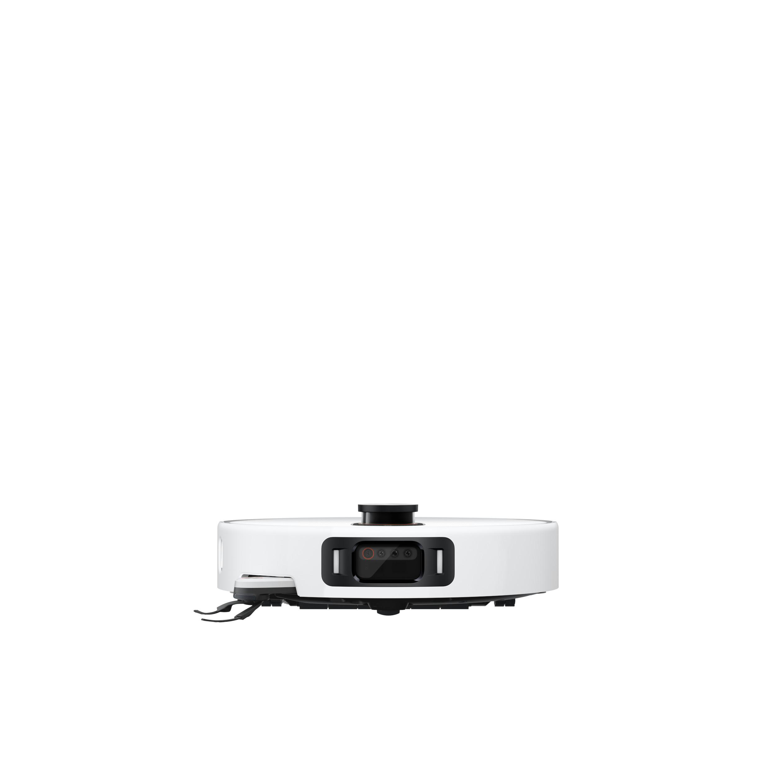 Ein weißer Roboterstaubsauger auf weißem Hintergrund. Er hat schwarze Sensoren und eine schwarze Oberseite.