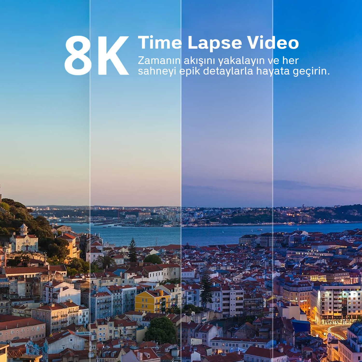 Bir şehri gösteren 8K hızlandırılmış video. İngilizce ve Türkçe metin içerir. Binalar ve su görünür.