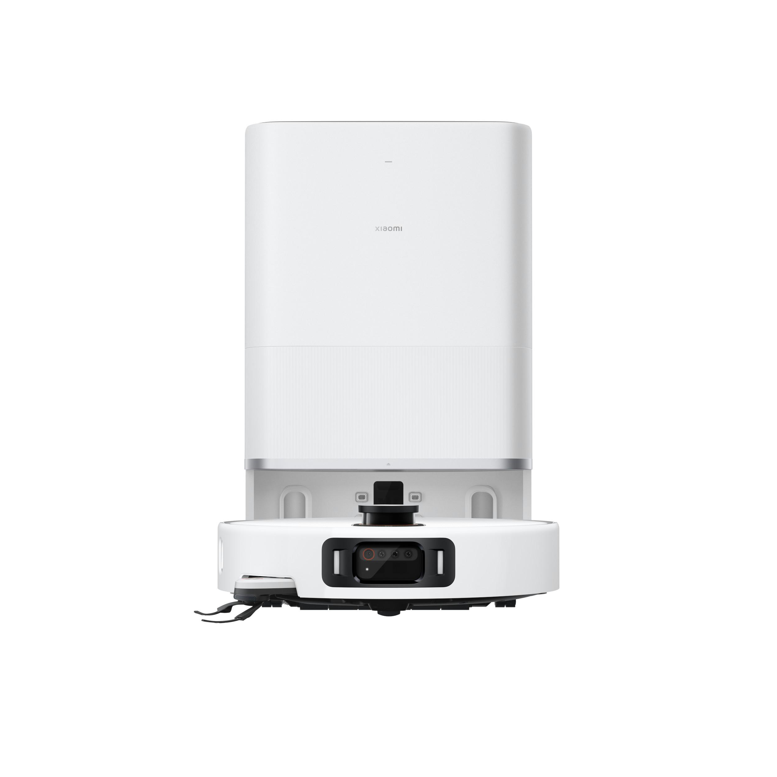 Ein weißer Xiaomi-Roboter-Staubsauger mit Dockingstation. Er hat eine schwarze Kamera, Sensoren und das Markenlogo.