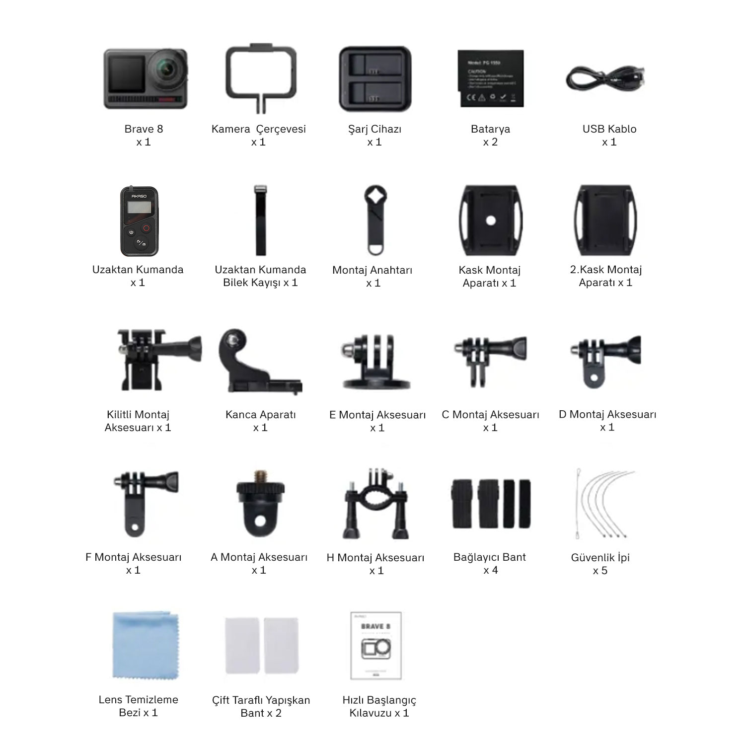 Bir kamera kiti, kamera, şarj cihazı, pil, USB kablosu, uzaktan kumanda, montaj parçaları, temizleme bezi ve kılavuzu beyaz bir zeminde içerir.