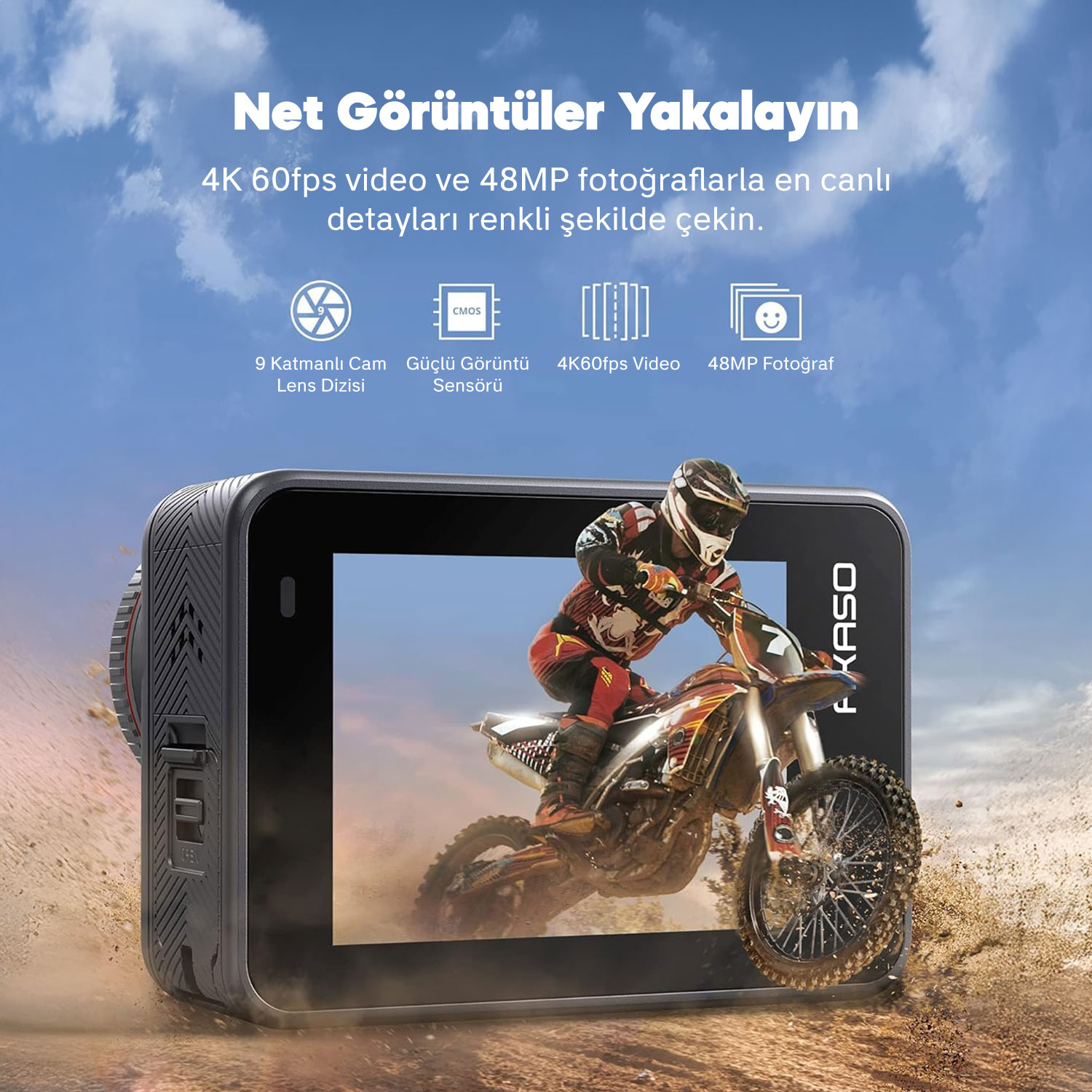 Motokros yarışçısı gösteren aksiyon kamerası. Metin: Net Görüntüler Yakalayın. Özellikler: 4K video, 48MP fotoğraf, 9 katmanlı lens, güçlü sensör.
