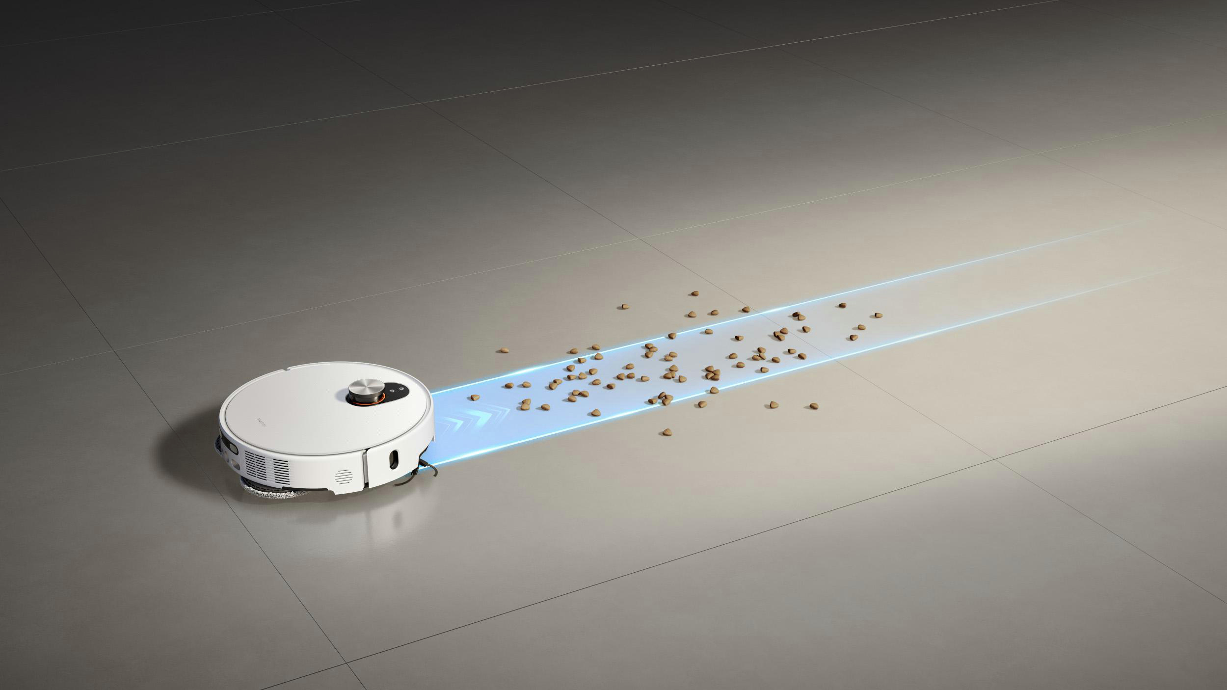 Ein weißer Roboter-Staubsauger reinigt Schmutz auf einem gefliesten Boden. Ein blauer Lichtpfad zeigt den Reinigungsweg an.