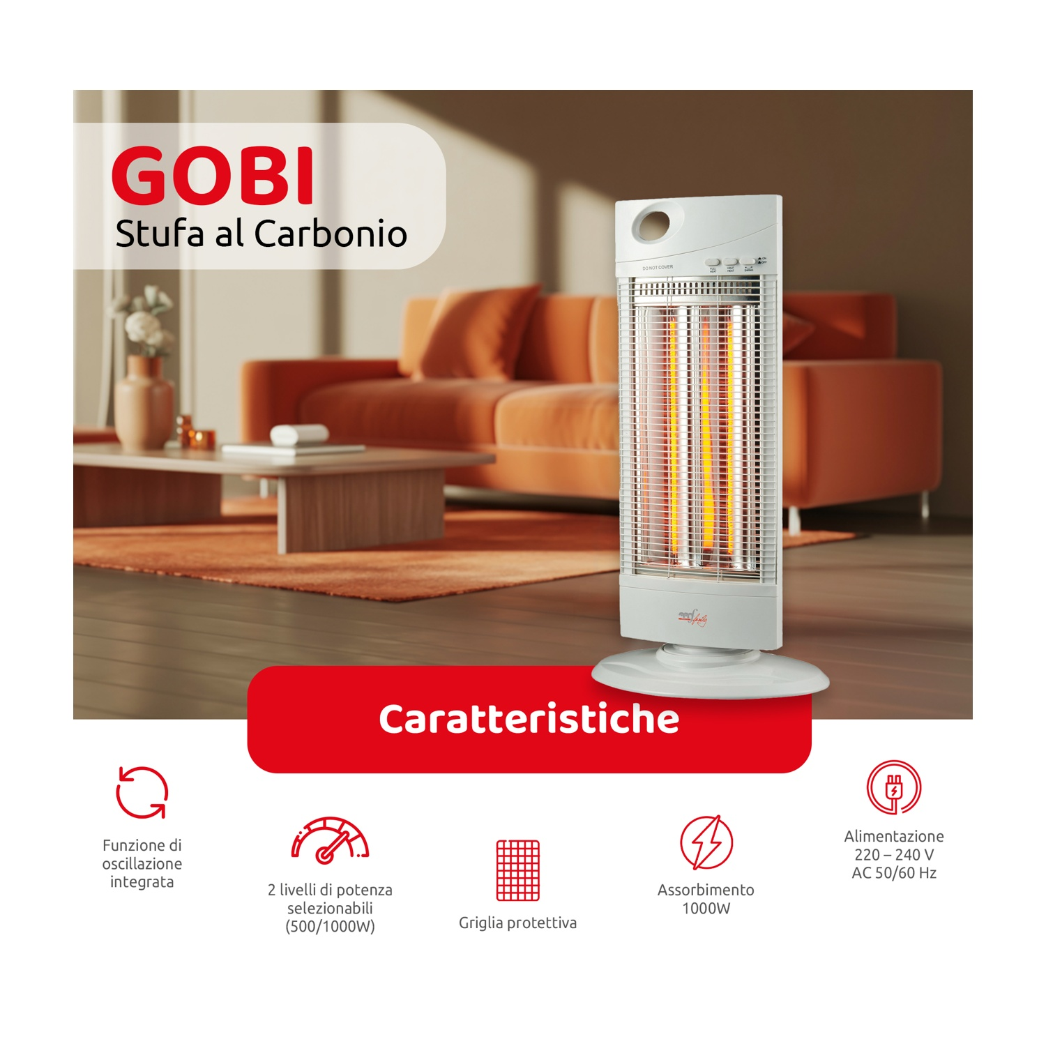 Riscaldatore al carbonio bianco in una stanza con divano arancione. Il testo include 'GOBI' e 'Stufa al Carbonio'. Sono elencate anche le caratteristiche.