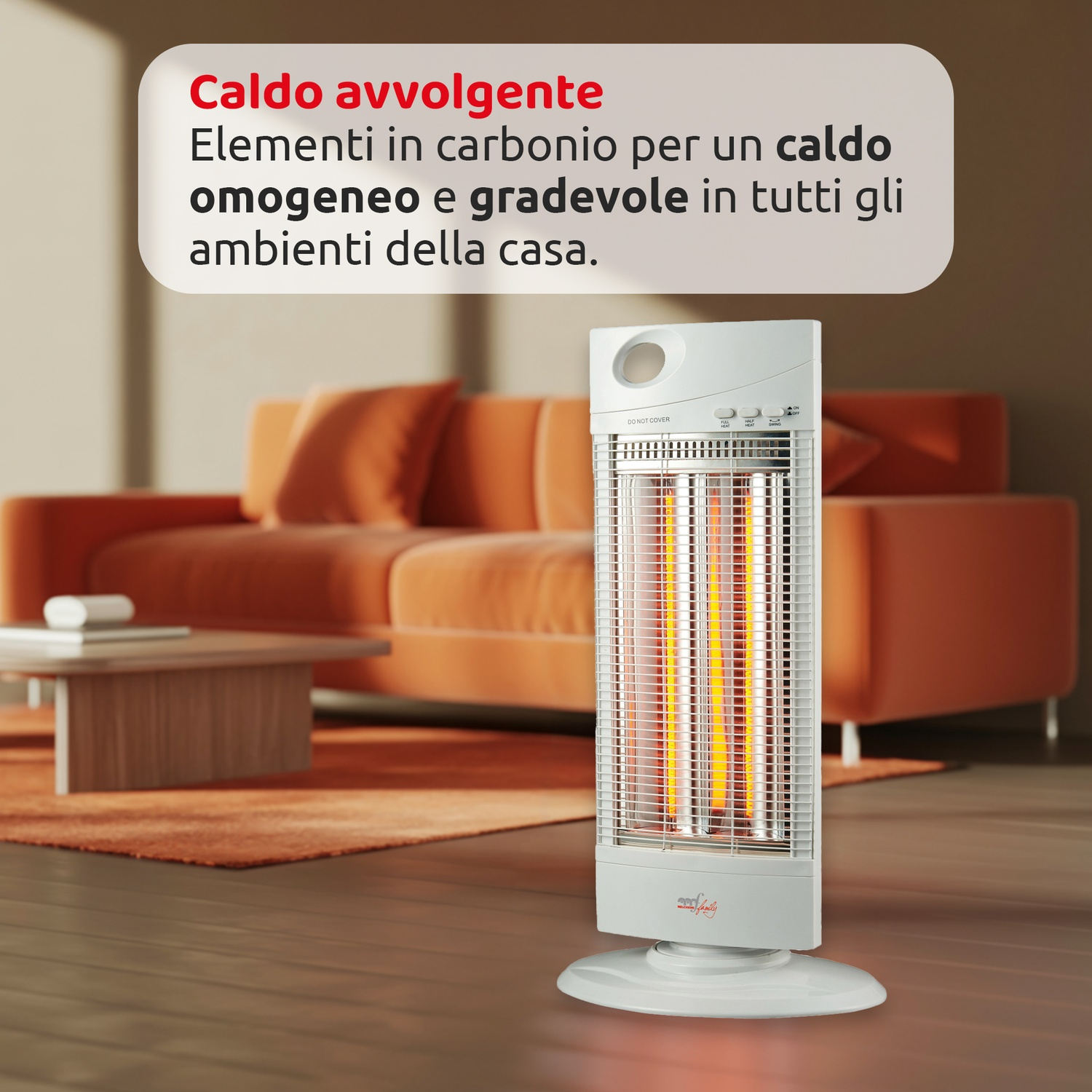 Un termoventilatore bianco con interno luminoso si trova in una stanza. Un divano e un tappeto arancioni sono sullo sfondo, con un tavolo di legno.