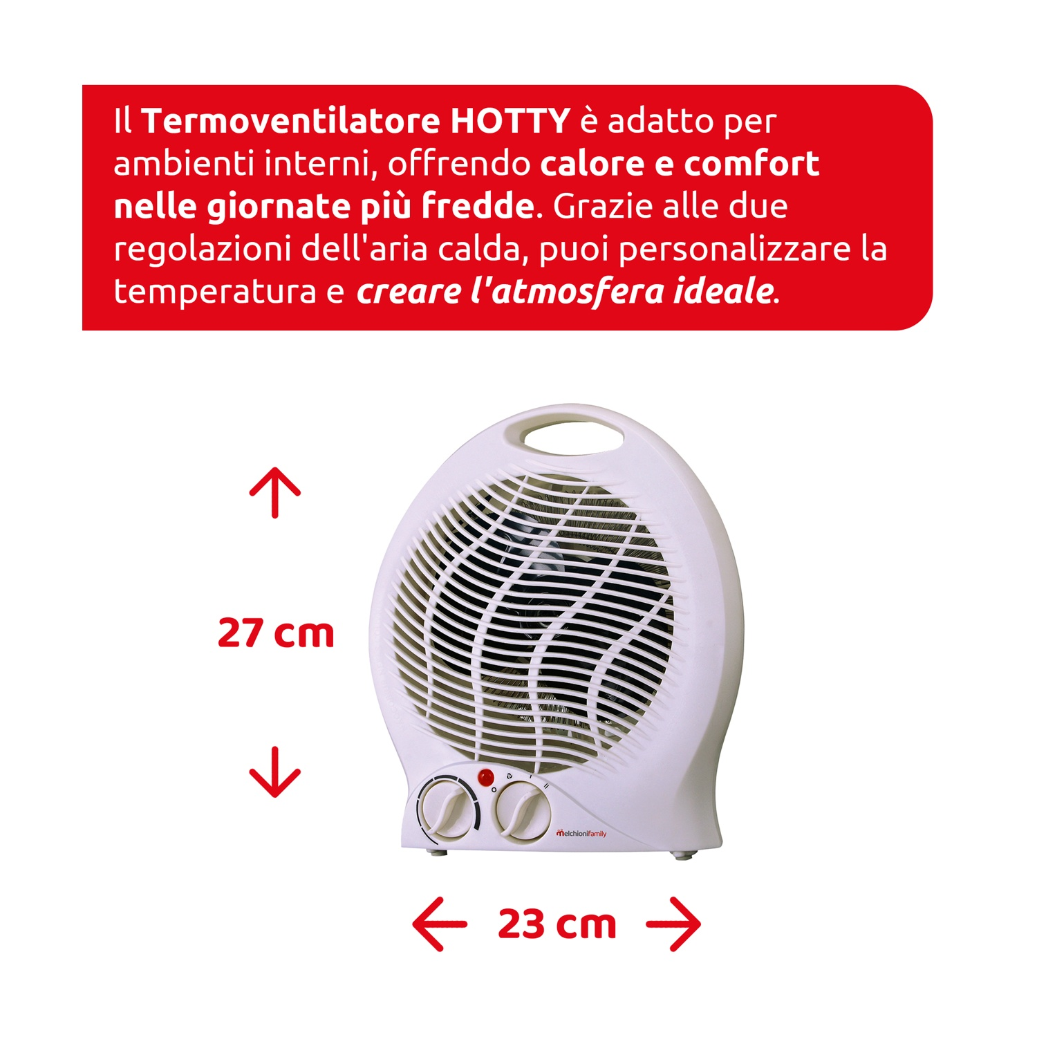 Ventilatore elettrico bianco con comandi e maniglia. Testo in italiano che descrive l'uso per il riscaldamento interno. Misure 27x23 cm.