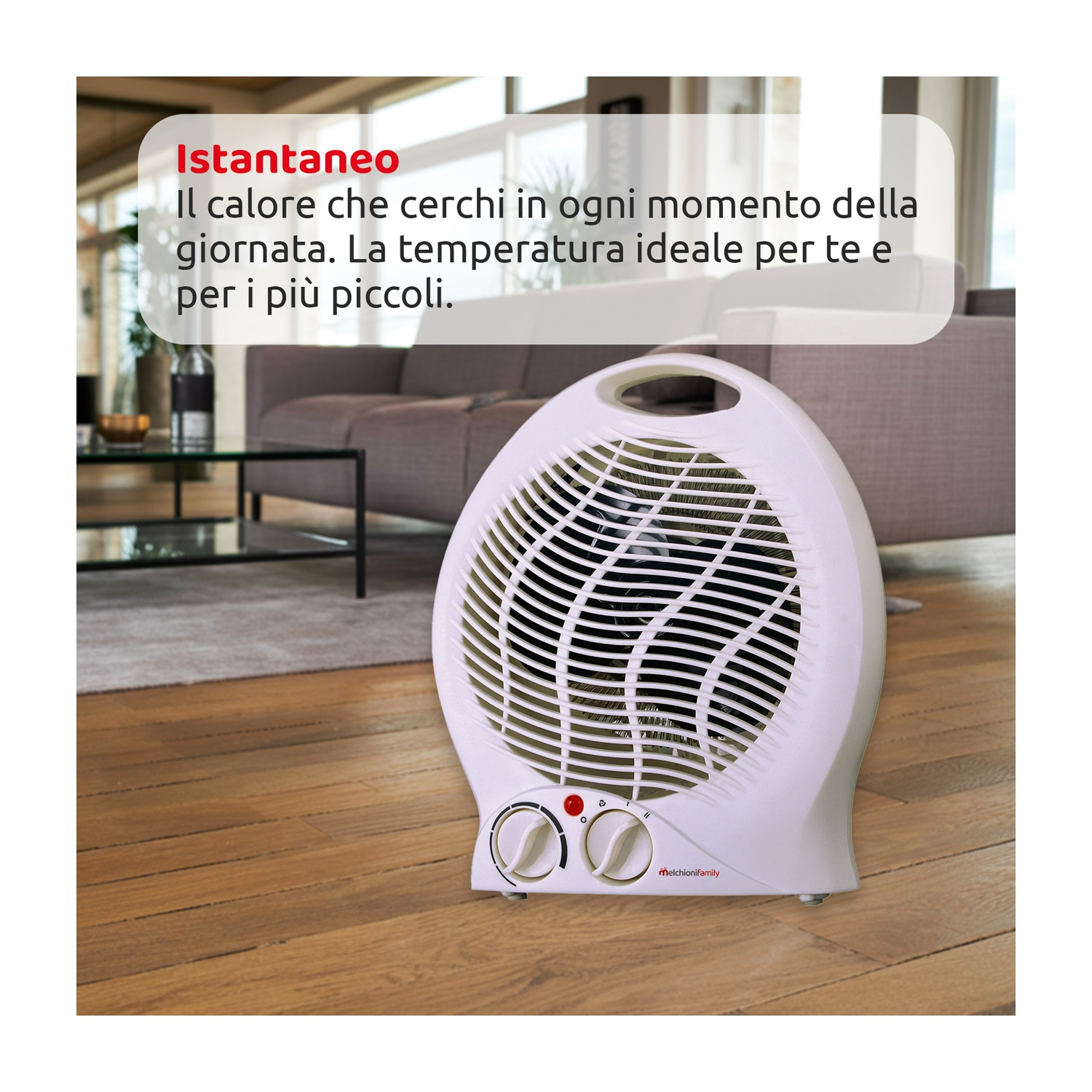 Un termoventilatore elettrico bianco è su un pavimento in legno. Un divano e un tavolo sono sullo sfondo. Il testo dice 'Instant'.