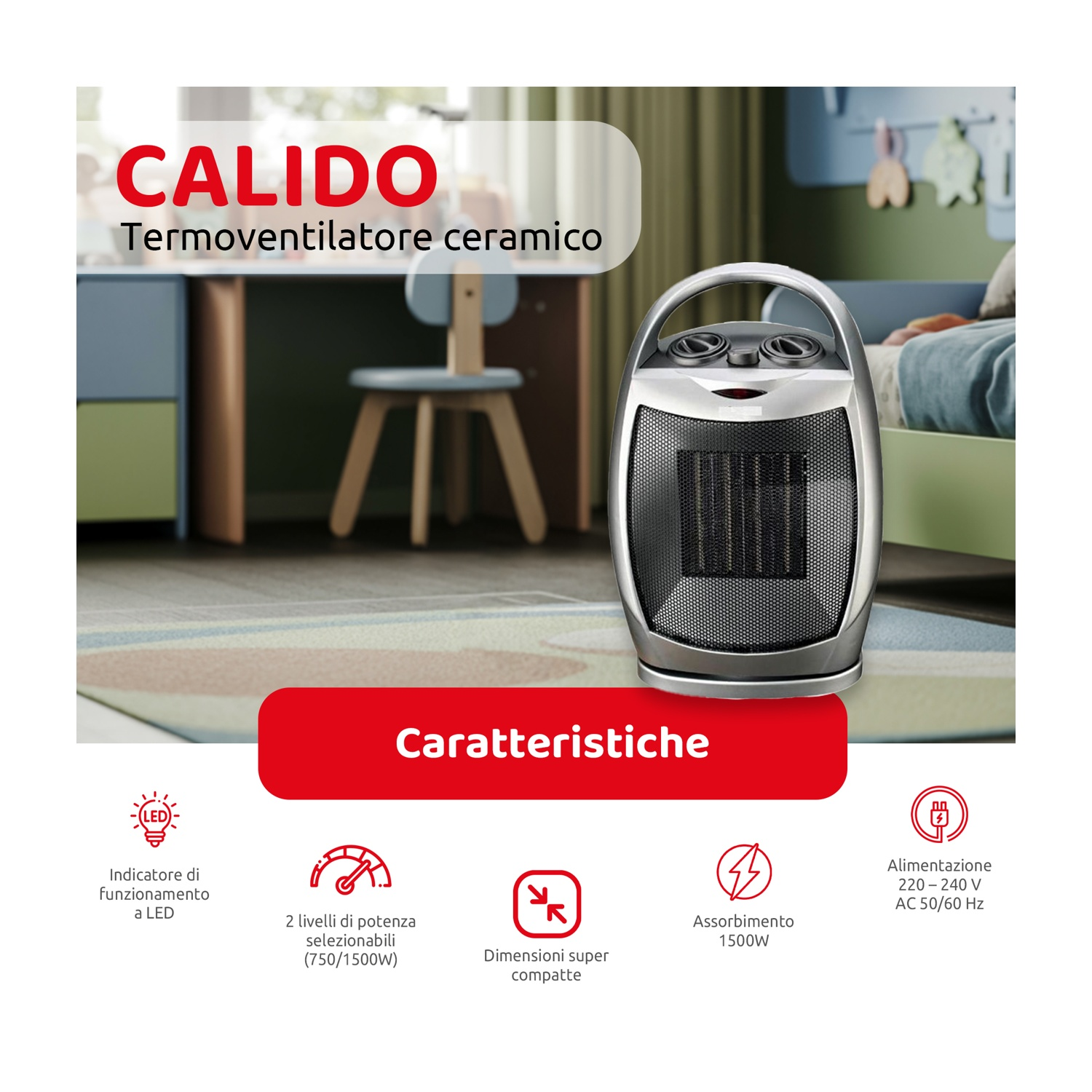 Un termoventilatore ceramico argentato con maniglia davanti a una scena sfocata. Il testo include 'CALIDO' e 'Caratteristiche'.