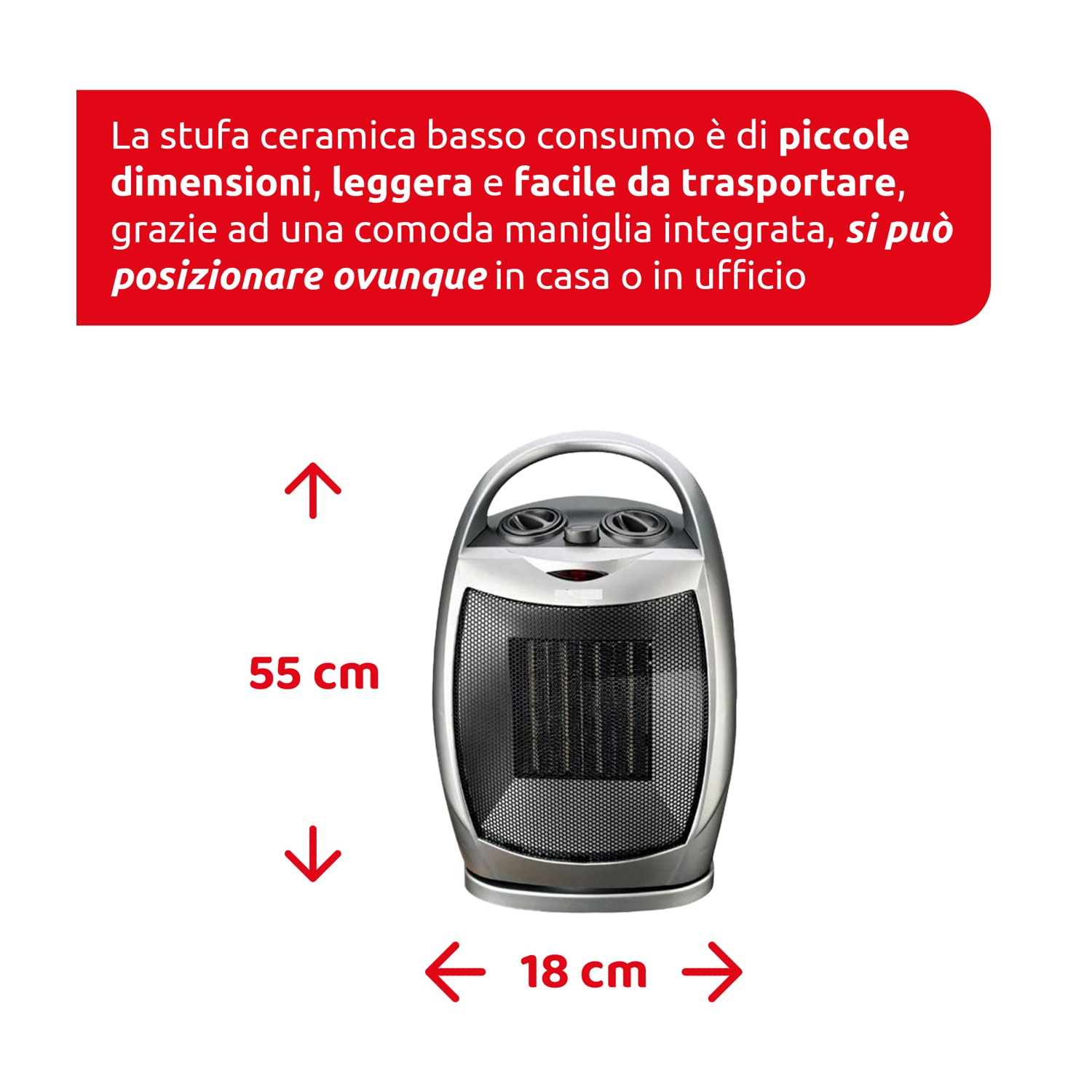Un termoventilatore in ceramica argento con dimensioni. Testo in italiano descrive le caratteristiche e la portabilità. Frecce indicano la dimensione.