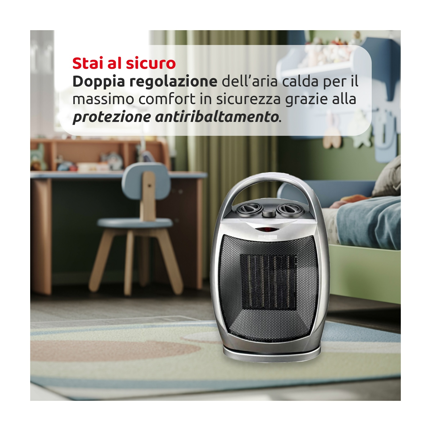 Un termoventilatore argentato è su un tappeto. Dietro ci sono una scrivania e una sedia. Il testo recita 'Stai al sicuro'.