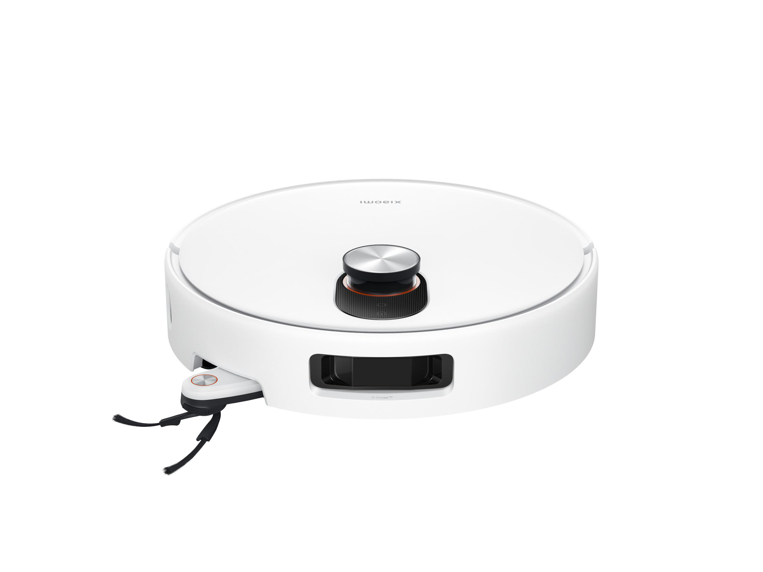 Ein weißer, runder Roboter-Staubsauger. Er hat einen schwarzen Sensor oben und Bürsten an der Seite. Die Marke ist Xiaomi.