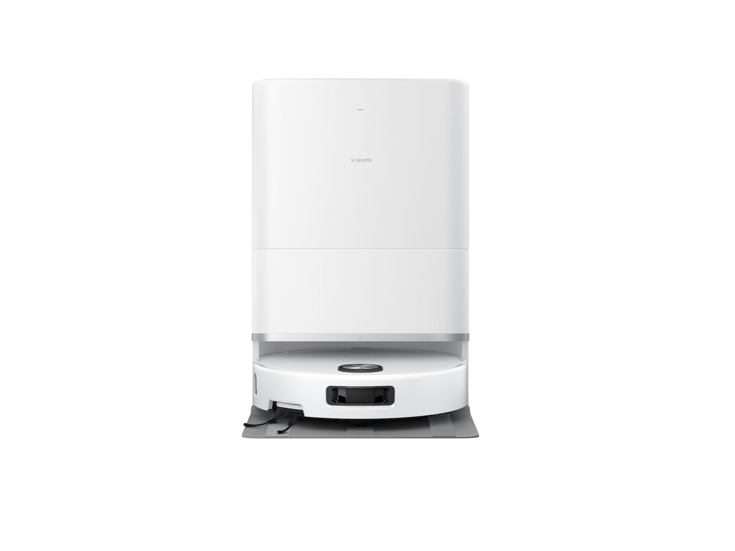 Ein weißer Xiaomi-Roboter-Staubsauger und eine Ladestation. Der Staubsauger steht auf einer grauen Matte.