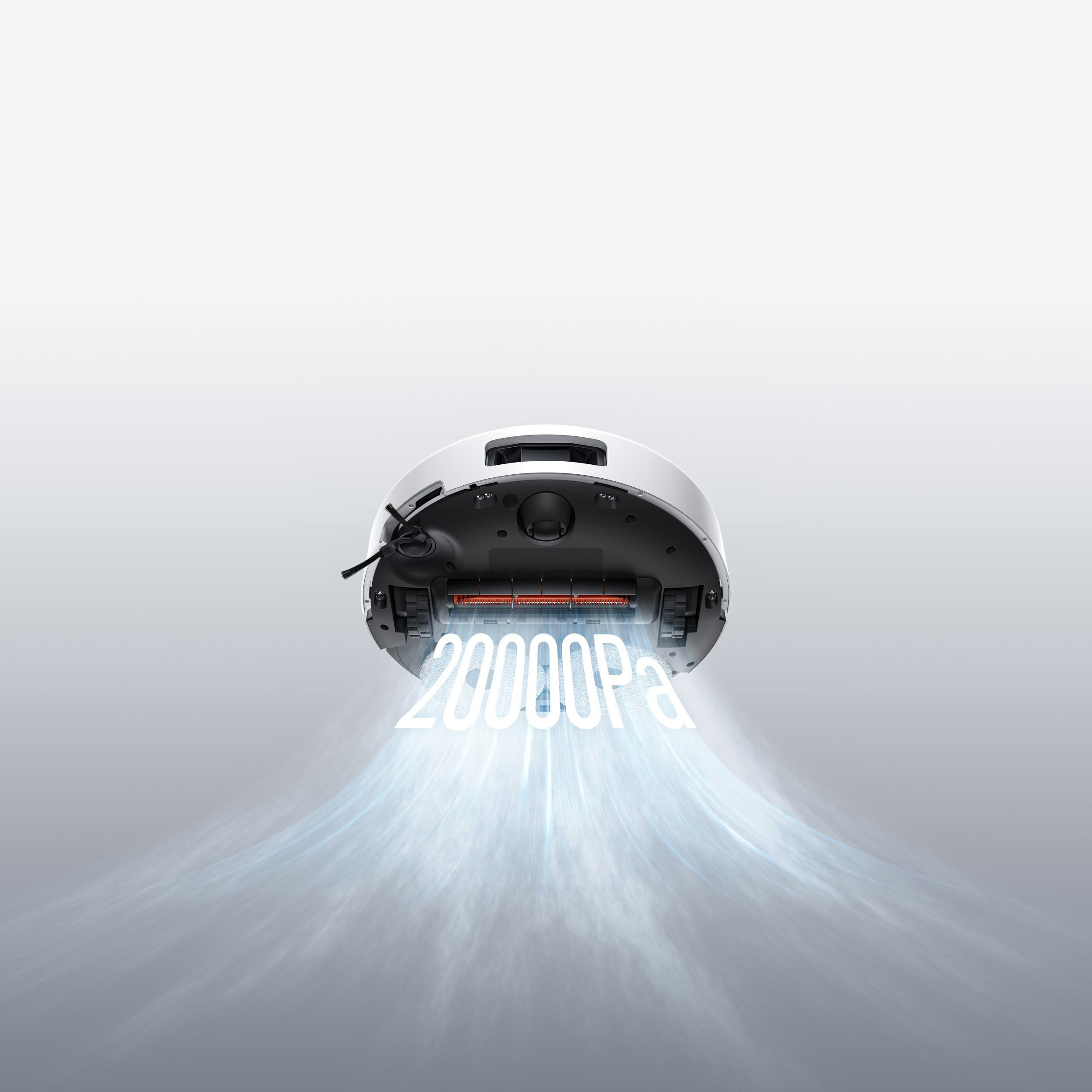 Ein weißer Roboter-Staubsauger, der Luft mit dem Text '20000Pa' ausstößt. Der Hintergrund ist ein Grauton.