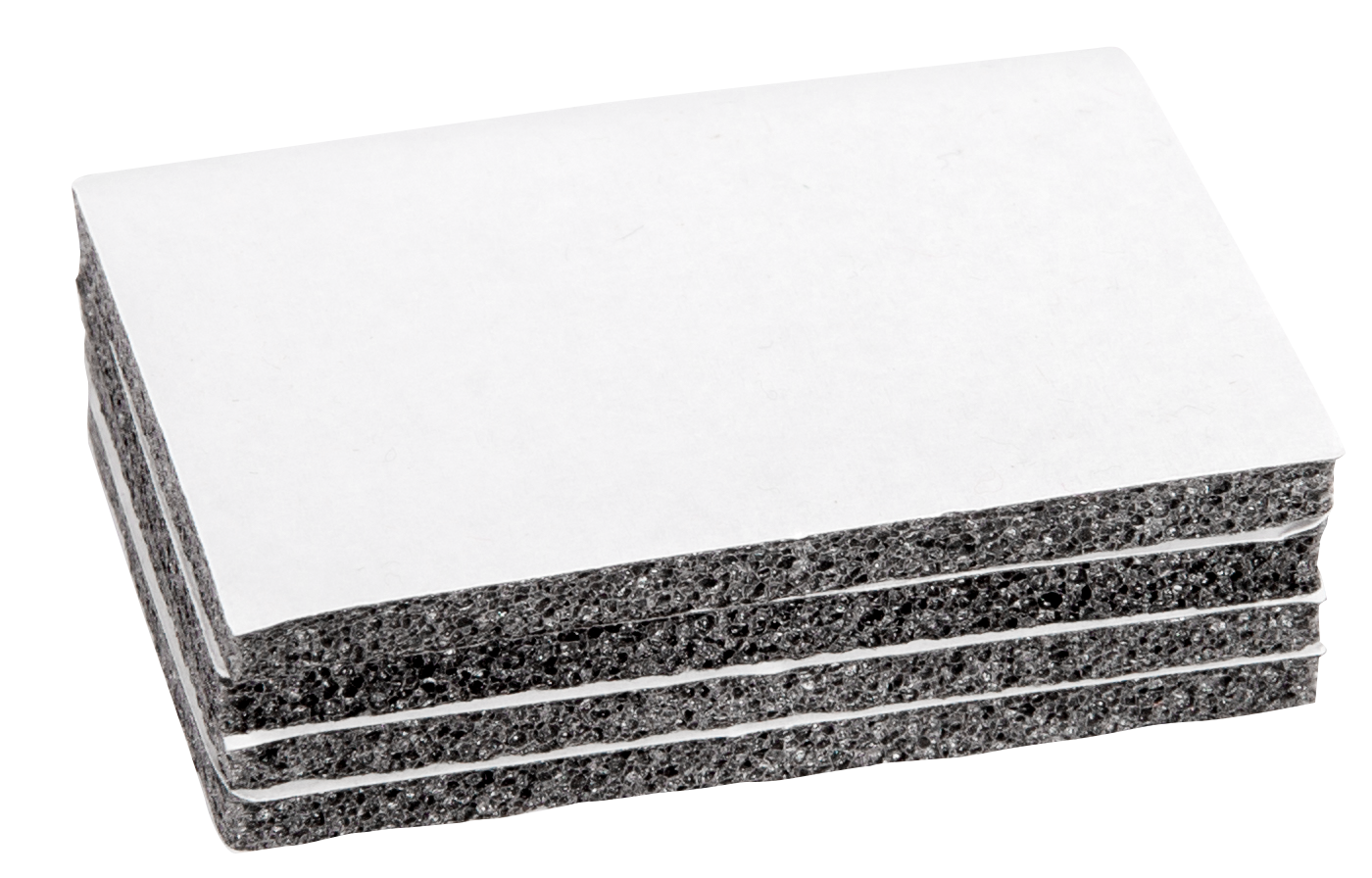 Stapel Schaumstoffplatten mit weißer Rückseite. Der Schaumstoff ist dunkelgrau und porös. Die Rückseite ist glatt und weiß.