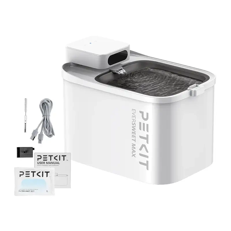 Fehér PETKIT Eversweet Max kisállat-ivókút. Tartalmaz tisztítókefét, USB kábelt, szűrőt és használati útmutatót.