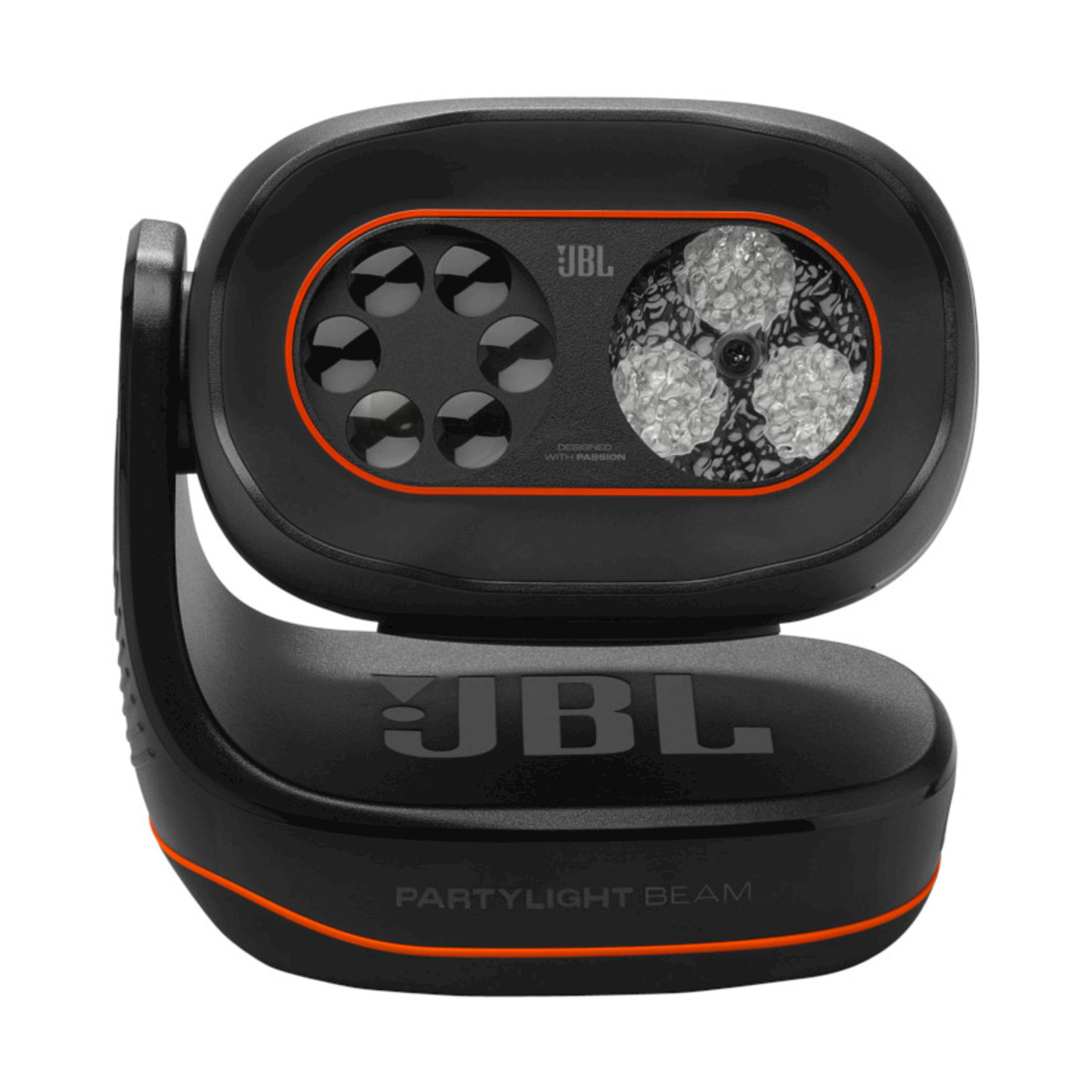 JBL PartyLight Beam nero con dettagli arancioni. Include array di luci e il logo JBL. Il design è moderno ed elegante.