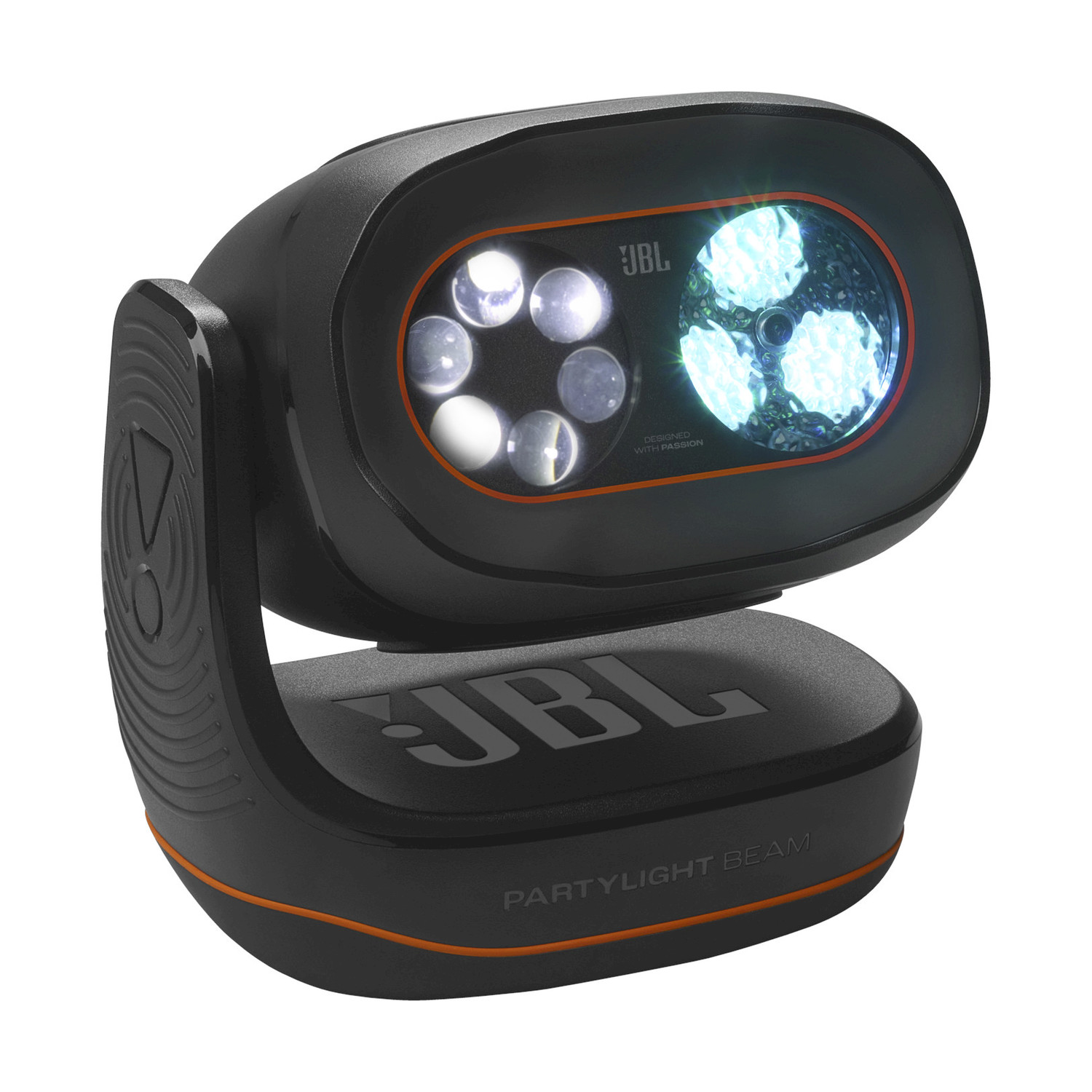 JBL PartyLight Beam nero. Ha più luci LED. La base e il braccio sono neri, con accenti arancioni. Sfondo bianco.