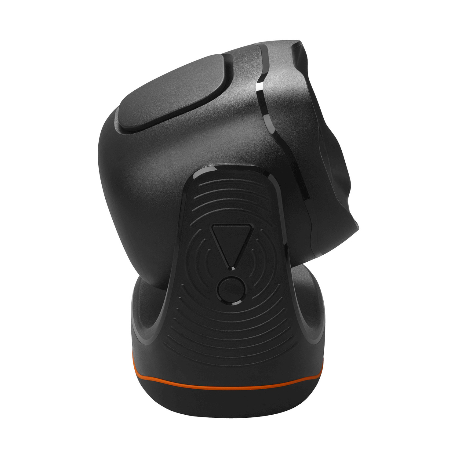 Altoparlante nero con un accento arancione. Ha una parte superiore arrotondata e un supporto. Il logo JBL è visibile.