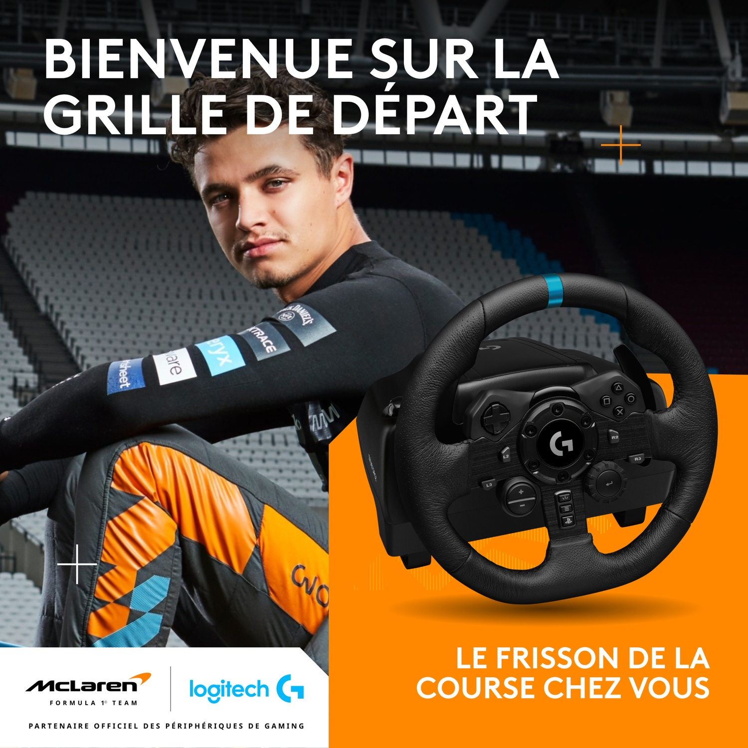 Un homme en tenue de course est assis à côté d'un volant. Le texte dit 'Bienvenue sur la grille de départ'. Logos McLaren et Logitech visibles.