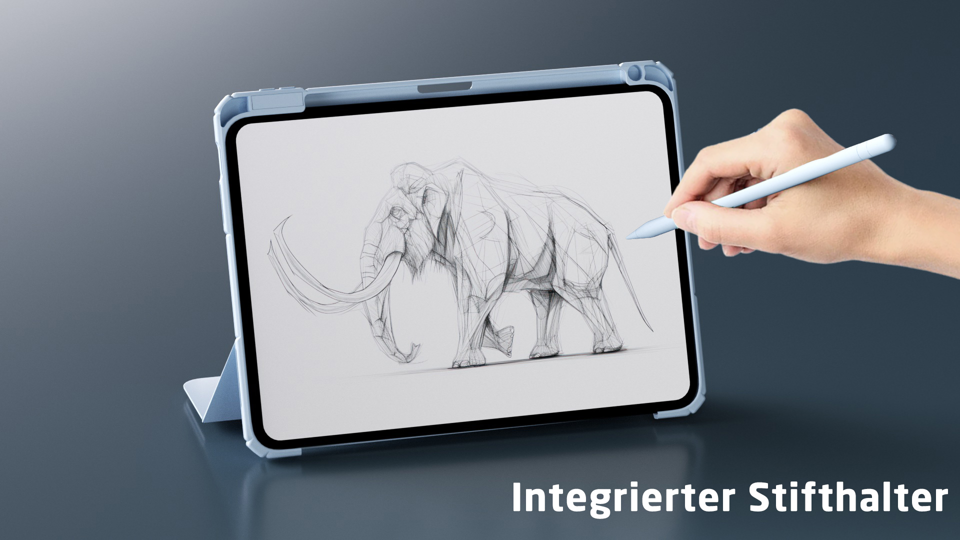 Eine Hand, die einen Stift über einem Tablet hält, das eine Mammutskizze zeigt. Das Tablet befindet sich in einem hellblauen Gehäuse.