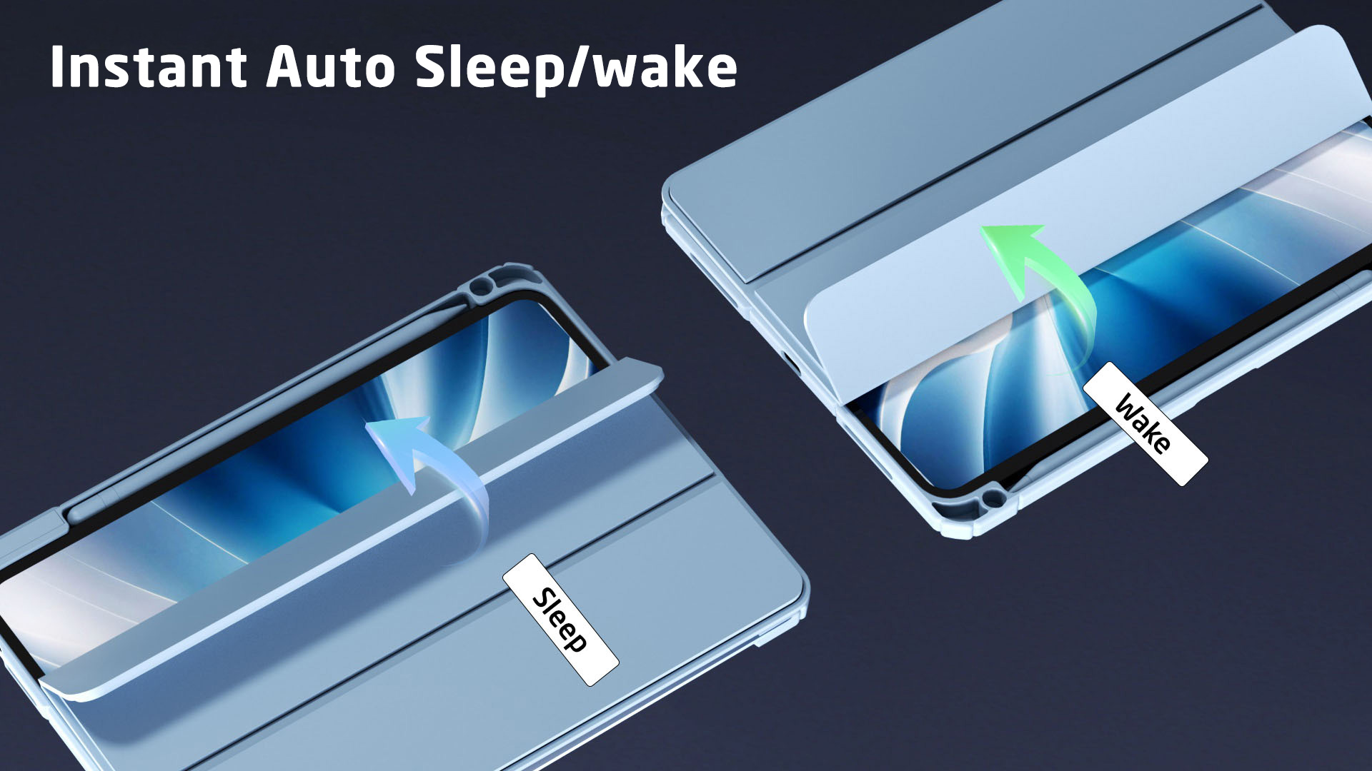 Zwei blaue Tablethüllen mit offenen Deckeln. Pfeile zeigen die Funktionen 'Schlaf' und 'Aufwachen'. Oben steht 'Instant Auto Sleep/wake'.