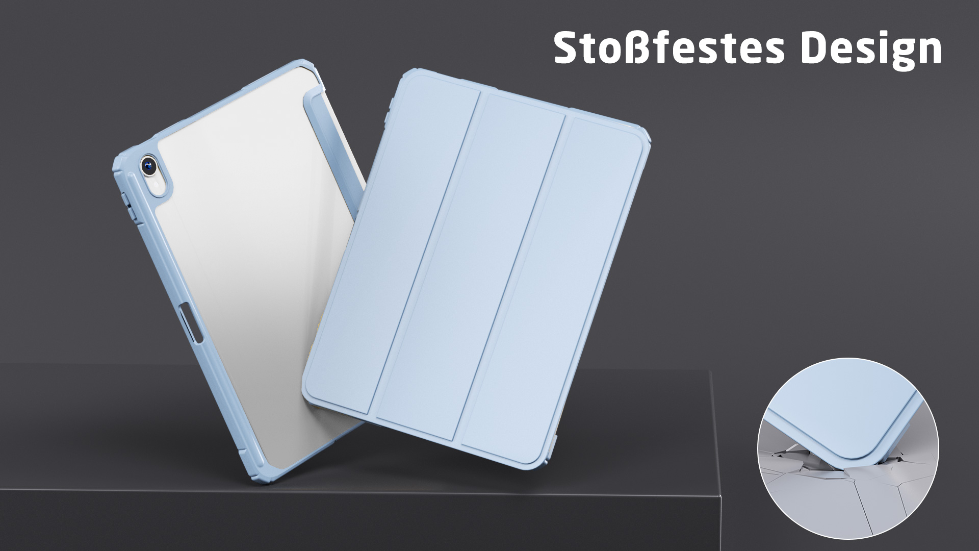 Eine hellblaue Tablet-Hülle mit offenem Tablet und Abdeckung, auf dunklem Hintergrund mit den Worten 'Stoßfestes Design'.