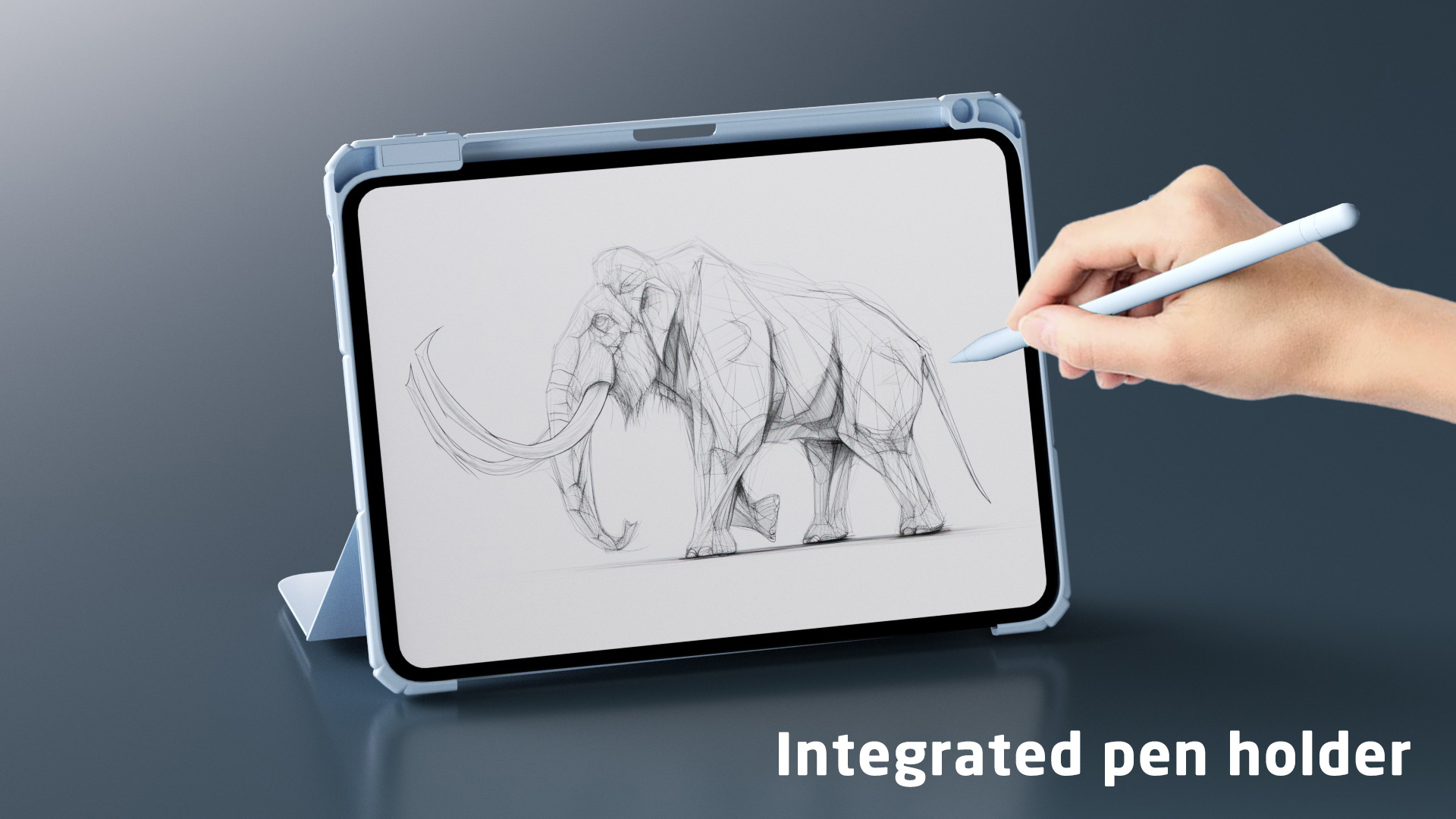 Eine Hand mit einem Stift zeichnet ein Mammut auf einem Tablet. Das Tablet ist hellblau, mit einem blauen Gehäuse und integriertem Stifthalter.