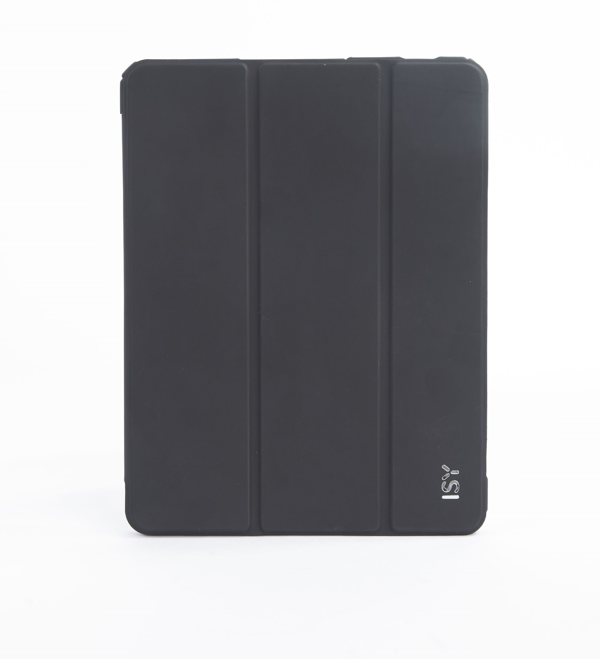 Eine schwarze Tablet-Hülle mit dreifachem Design befindet sich mittig auf weißem Hintergrund.