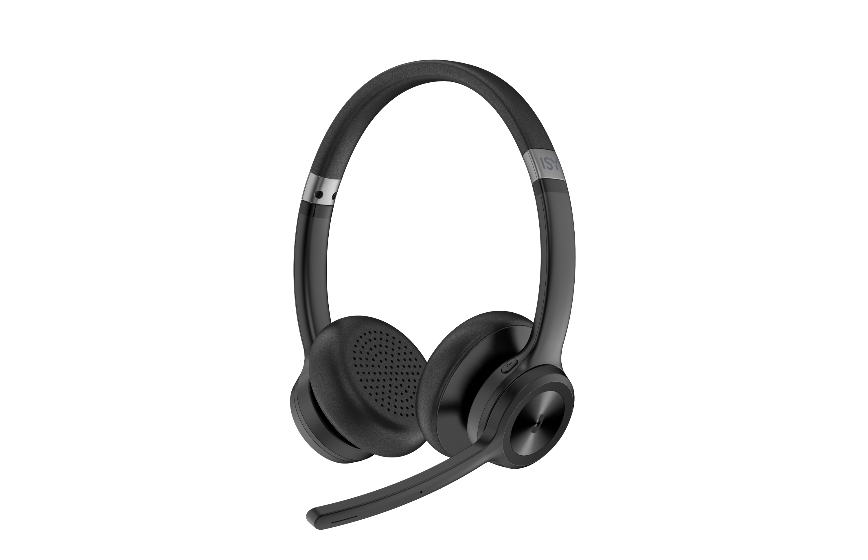 Czarne bezprzewodowe słuchawki z mikrofonem. Jest na białym tle. Marka to ISY.