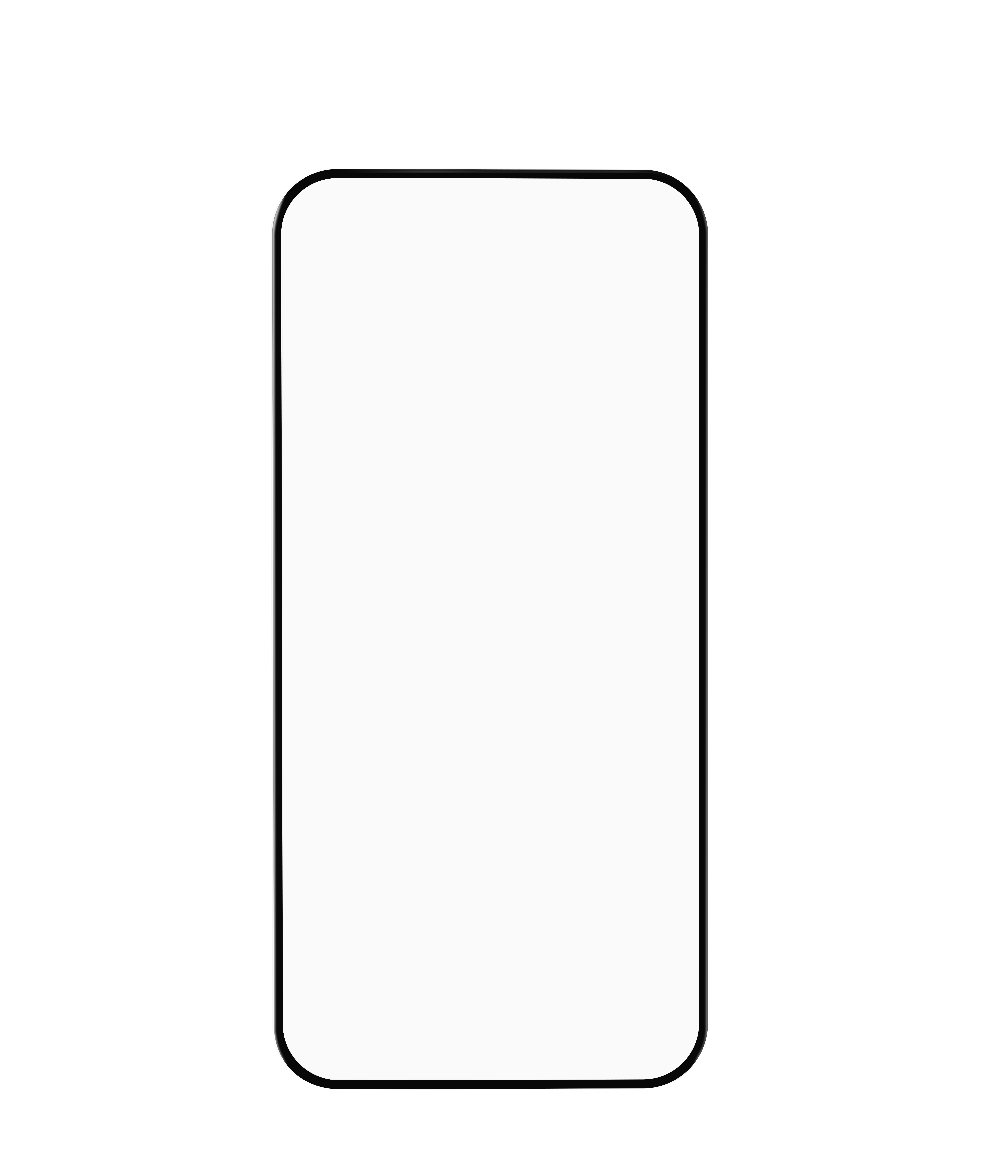 Ein schwarzes Smartphone mit abgerundeten Ecken ist auf weißem Hintergrund zentriert. Der Bildschirm ist schwarz.