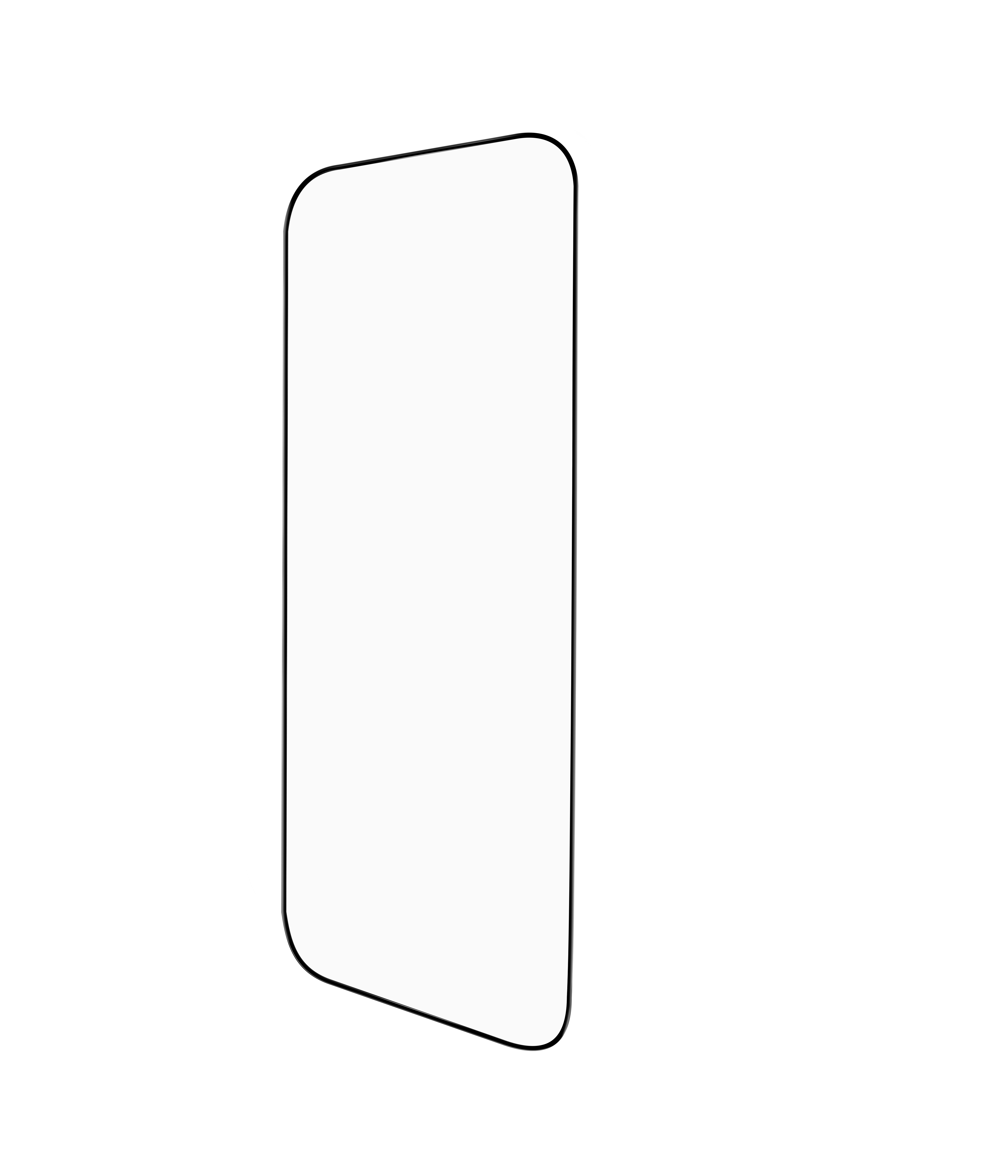 Ein schwarzes Rechteck mit abgerundeten Ecken, silber umrandet, auf weißem Hintergrund. Es ist ein Smartphone.