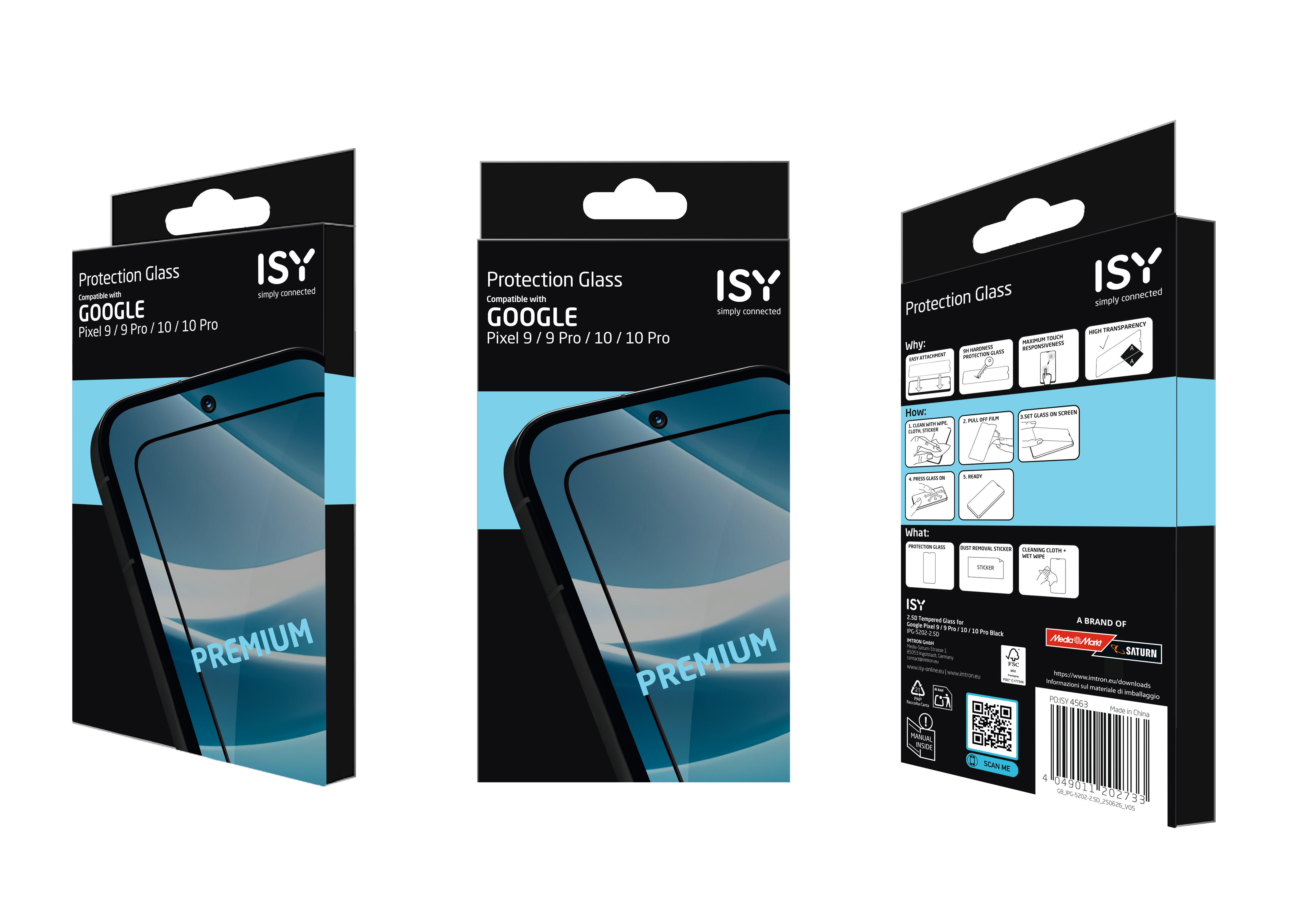 Eine Telefon-Displayschutzbox mit dem Markennamen ISY und Kompatibilitätsinformationen für Google Pixel.