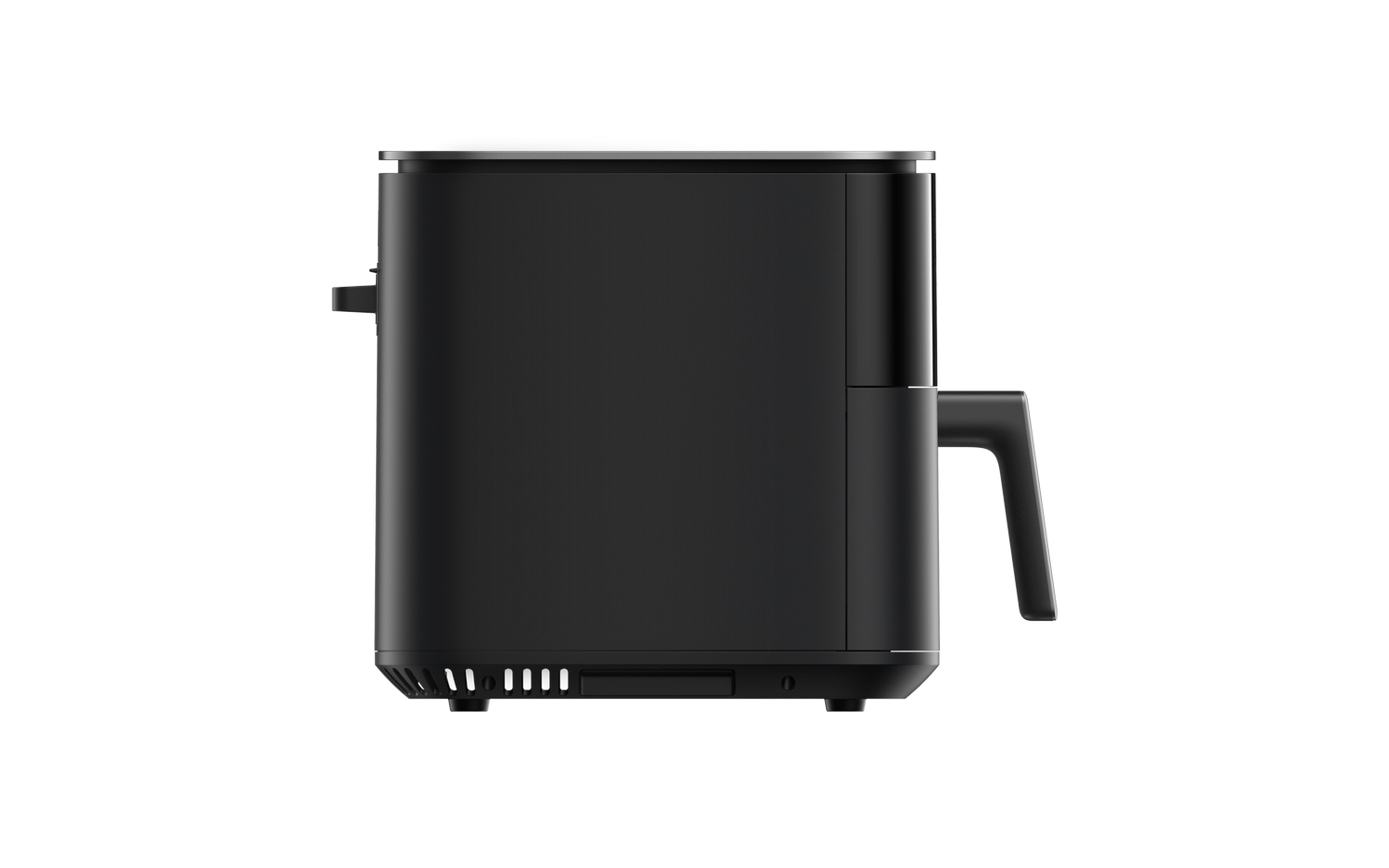 Una freidora de aire negra sobre un fondo gris. Tiene un asa y orificios de ventilación. El diseño es elegante y moderno.