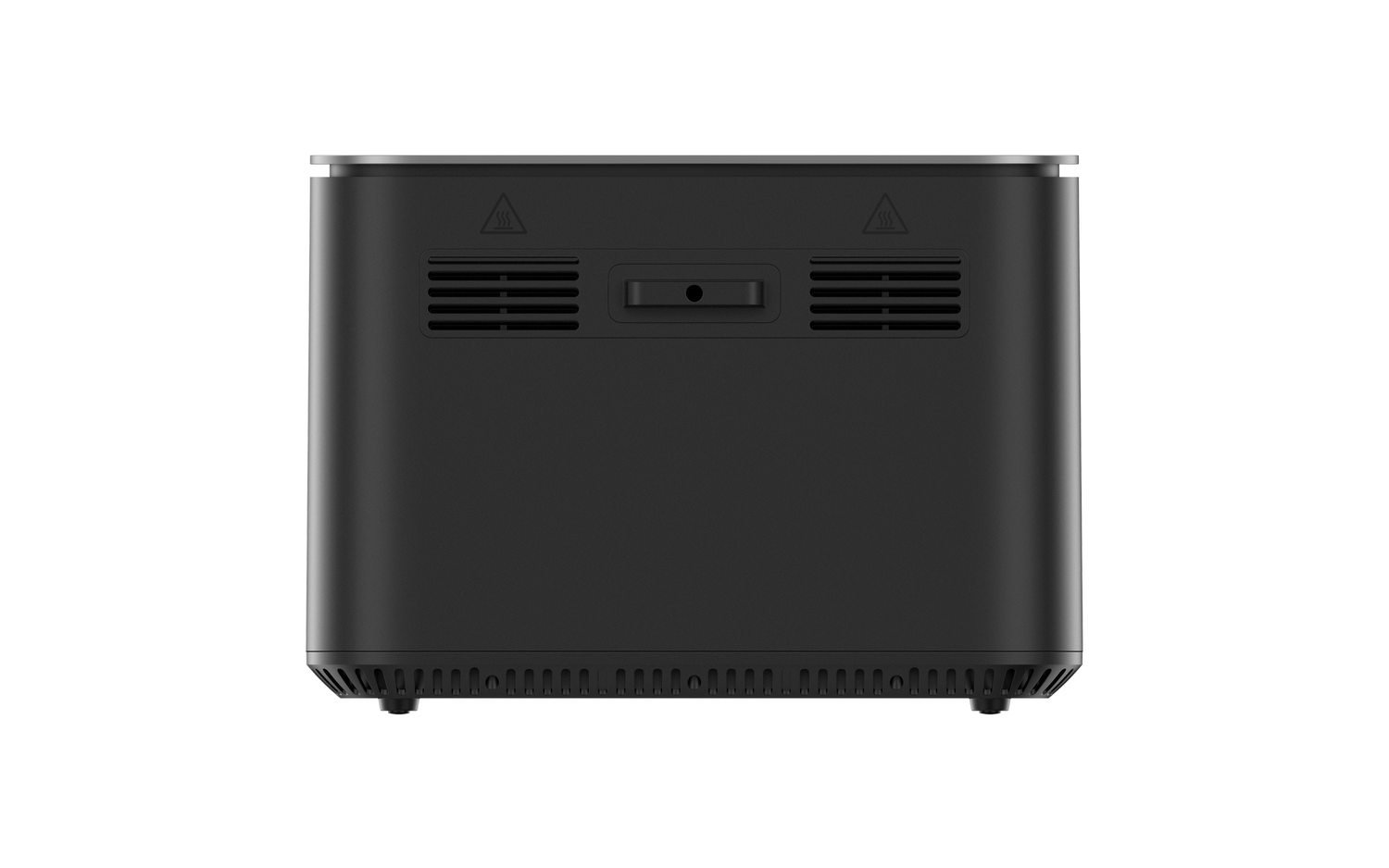 Un dispositivo rectangular negro con ventilaciones, un pequeño orificio y símbolos de calor. Está sobre una superficie gris.