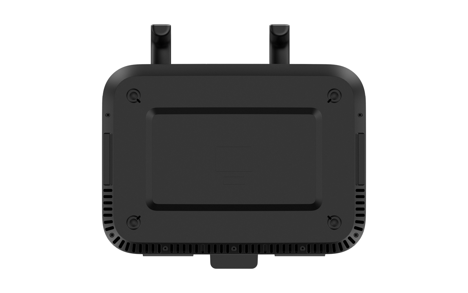 Un dispositivo rectangular negro con dos asas en la parte superior. Tiene esquinas redondeadas, ventilaciones en la parte inferior y un panel empotrado.