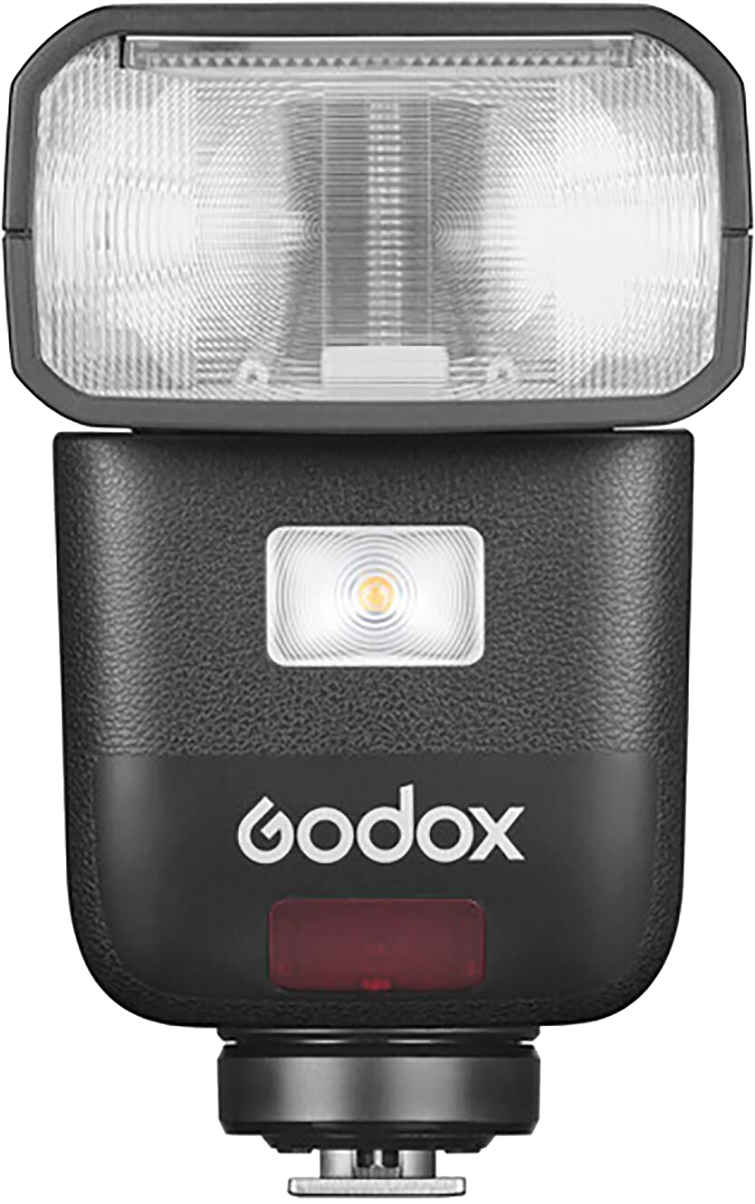 Ein schwarzer Godox-Blitz. Er hat einen rechteckigen Kopf, ein kleines Fenster, das Godox-Logo und ein rotes Kontrolllicht.