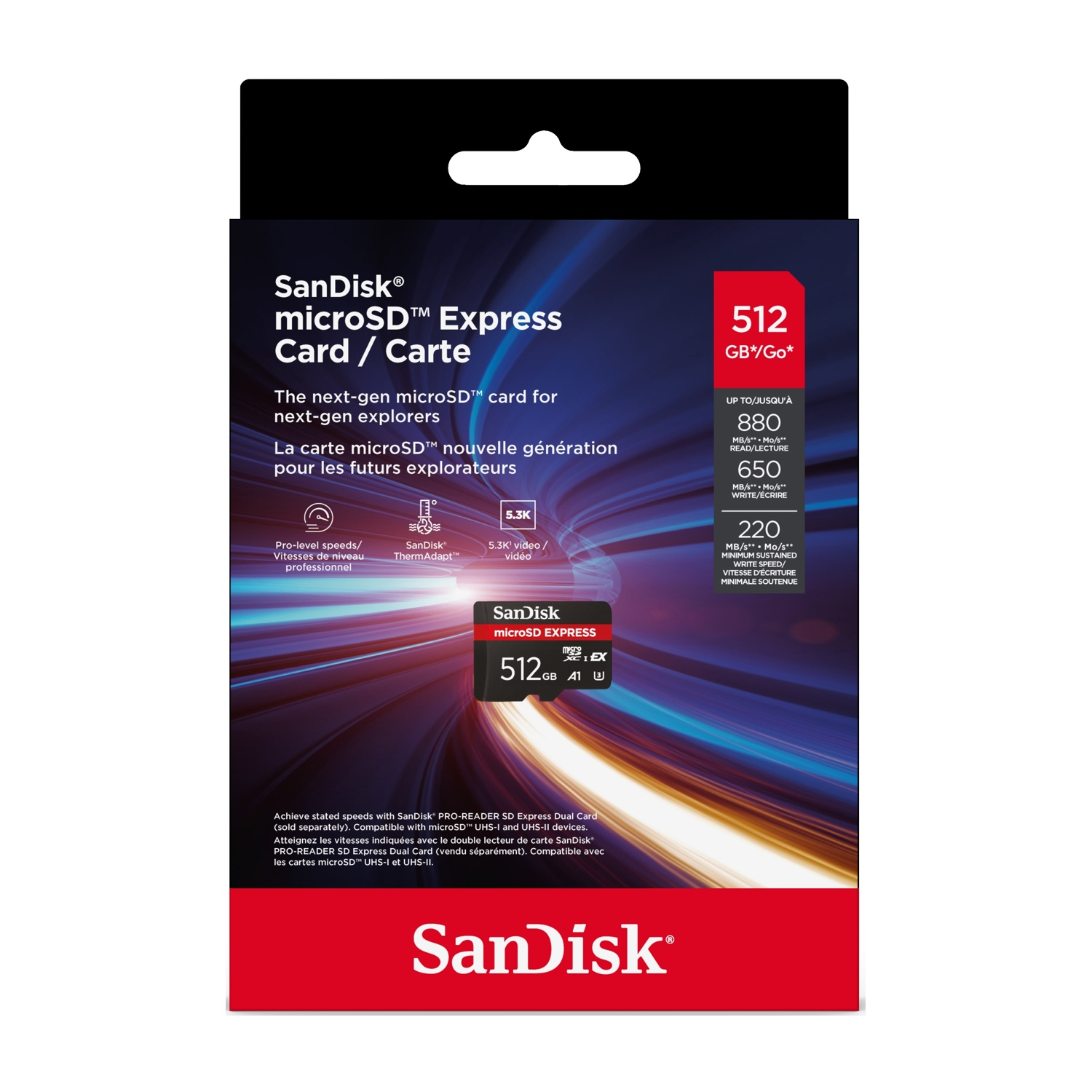 Confezione scheda SanDisk microSD Express. Design nero e rosso. Contiene una scheda da 512 GB, con informazioni sulla velocità.